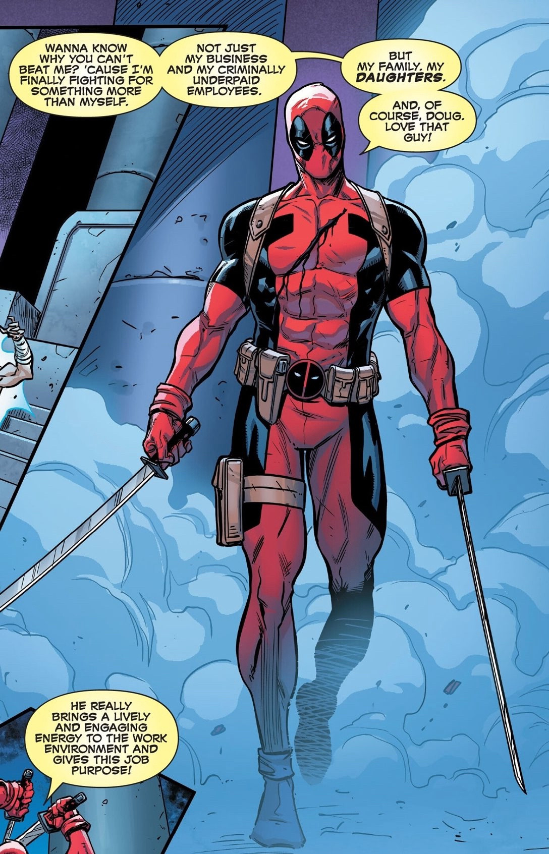 Deadpool walking with his blades turned to the ground. His stance is meant to look cool, i personally think it’s hot. 