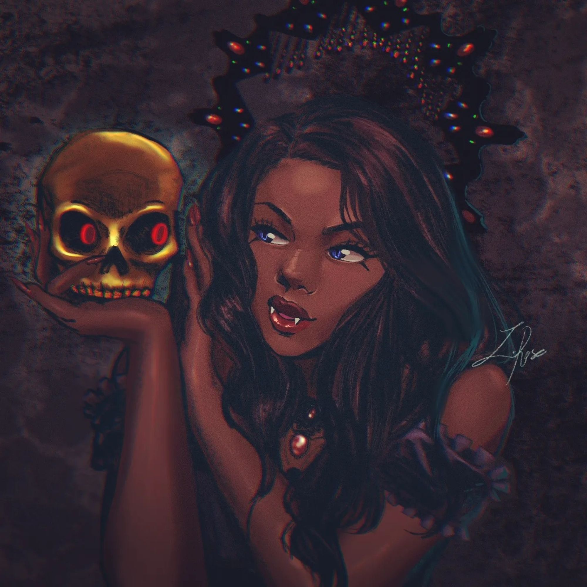 Black vampire woman with wavy black hair and blue eyes wearing a bejeweled Black lace halo and black dress, holding an enchanted golden skull on her right palm. Probably up to no good!