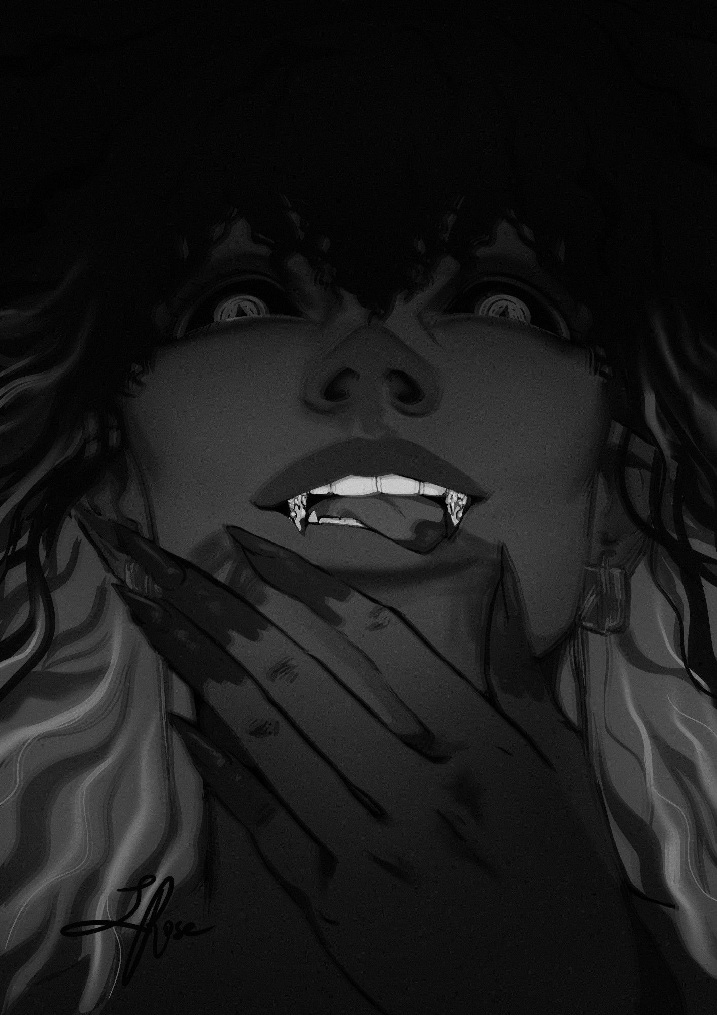 Portrait drawing of Drolta from Castlevania licking lips and fingers of blood, looking down at the viewer.