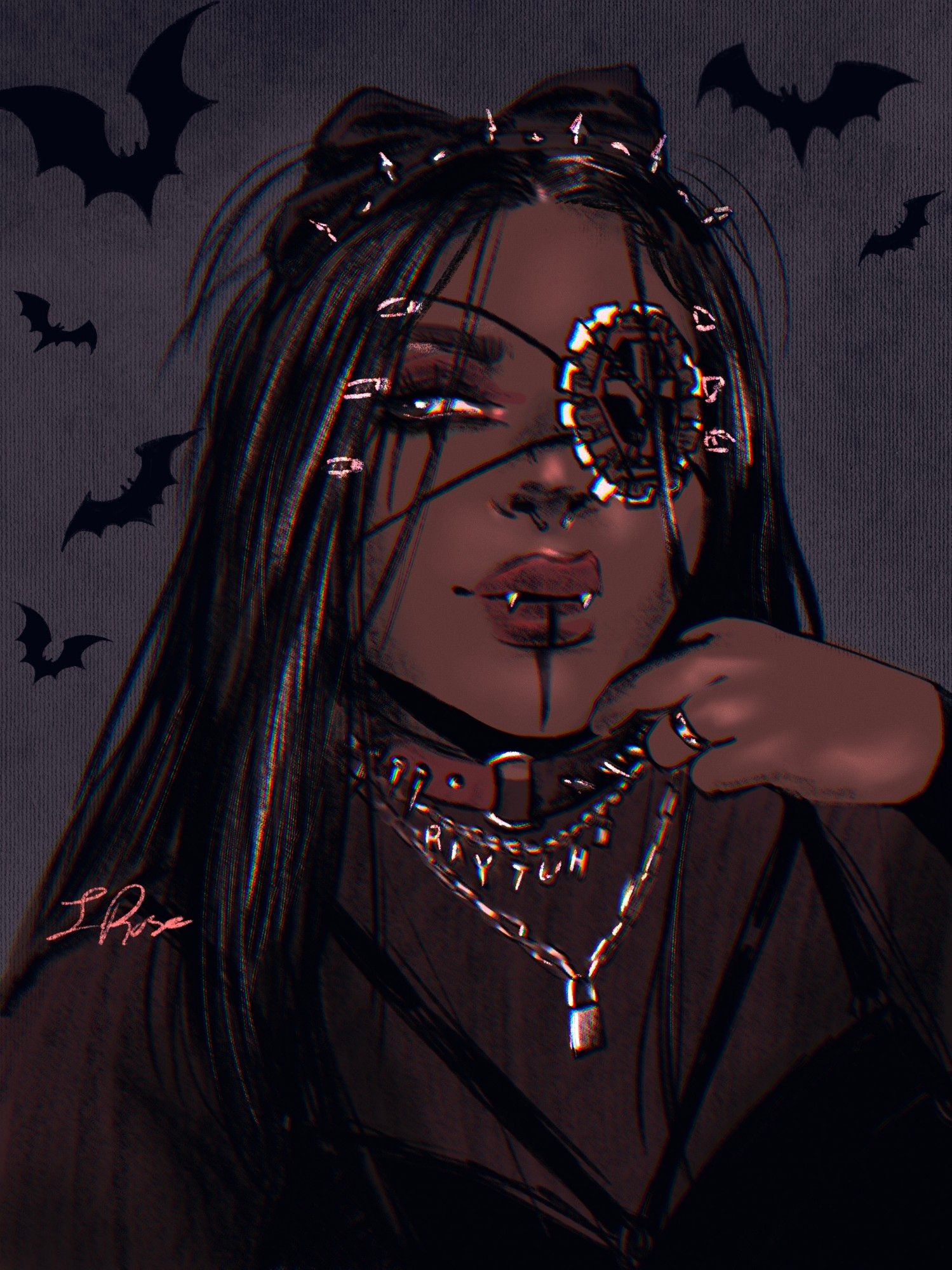 Beautiful Black vampire with long black hair with a dark bow and stud headband, black mesh top with goth bralette underneathe, lace eye patch with a cross symbol on it over the left eye, wearing a stud choker, chain necklace with a lock, and a short chain necklace with "Raytuh" letters hanging off. Bats in the background.