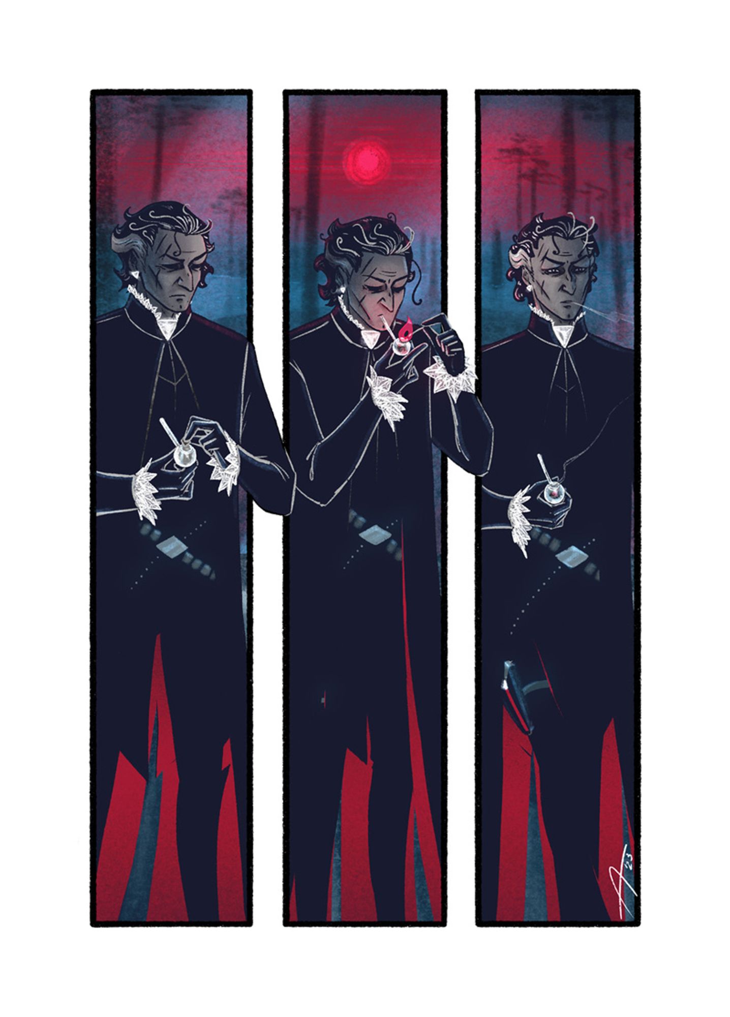 The Hunter comic page: sequence of three vertical panels in blue and red limited palette with white spot color where the hunter smokes a glass pipe