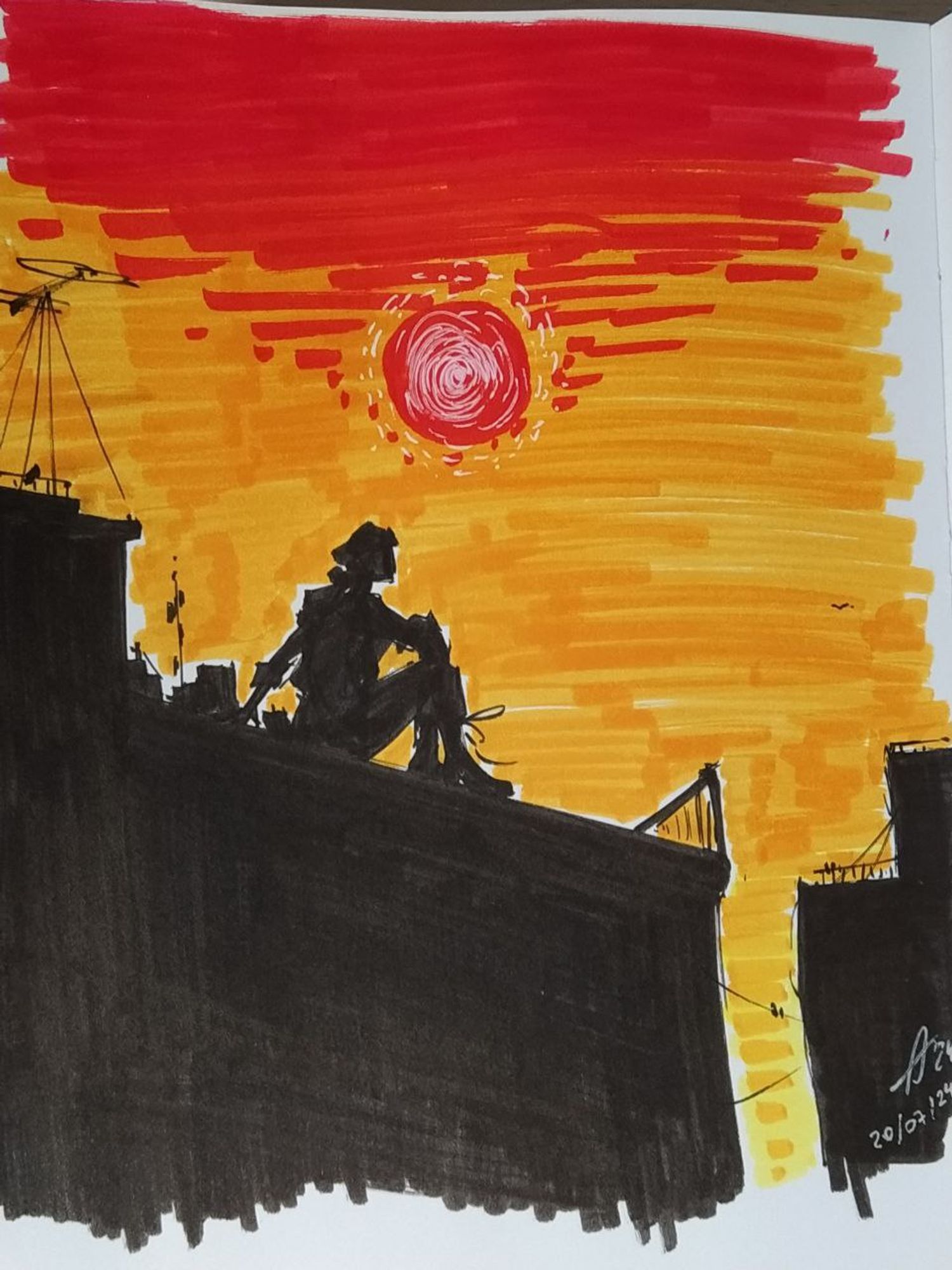 a rough marker sketch: black silhouette of a human sitting on the roof with red-orange sky as backdrop and raging red sun