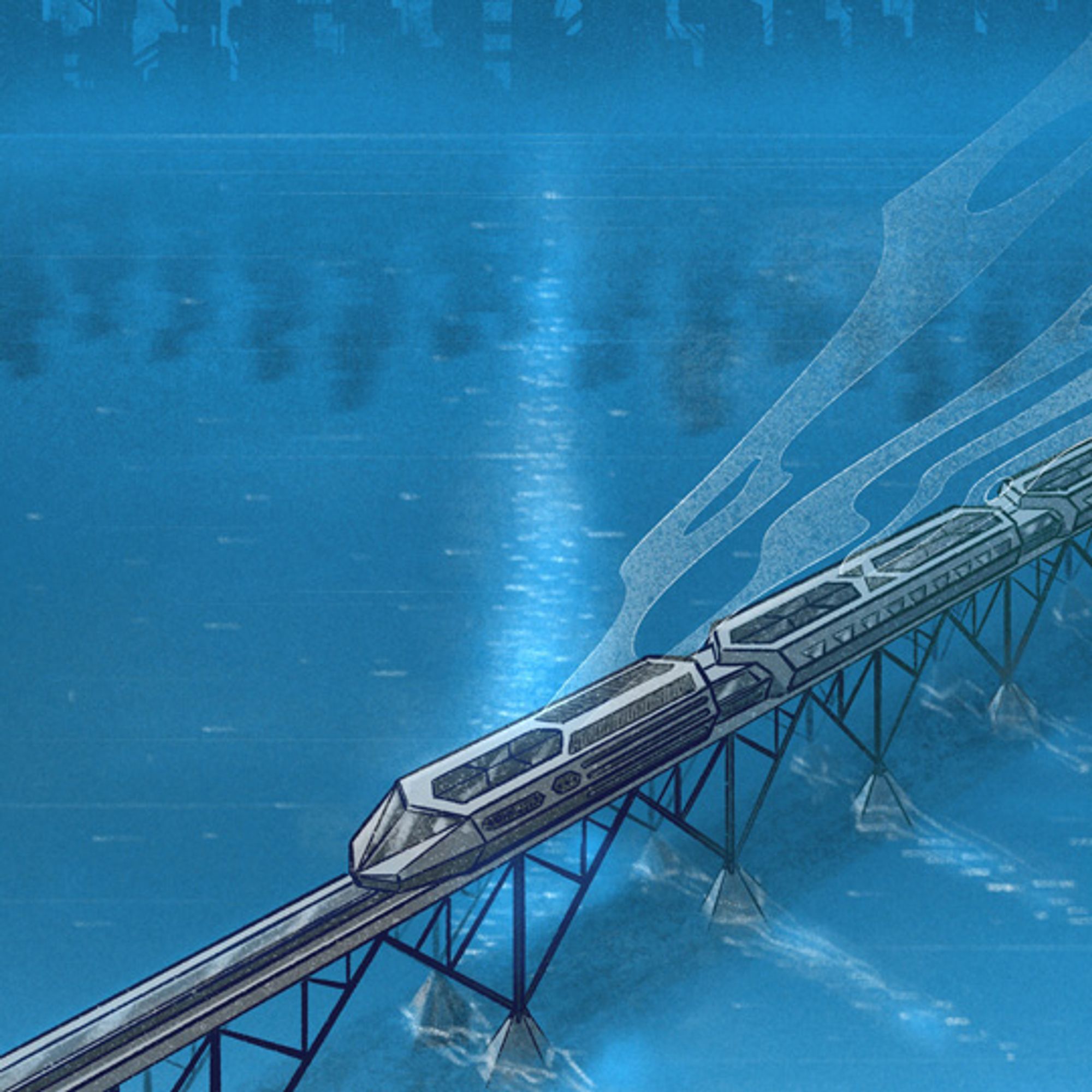 The Hunter comic page preview: an establishing shot of the train on the bridge over the large lake with the cityscape reflected in the water