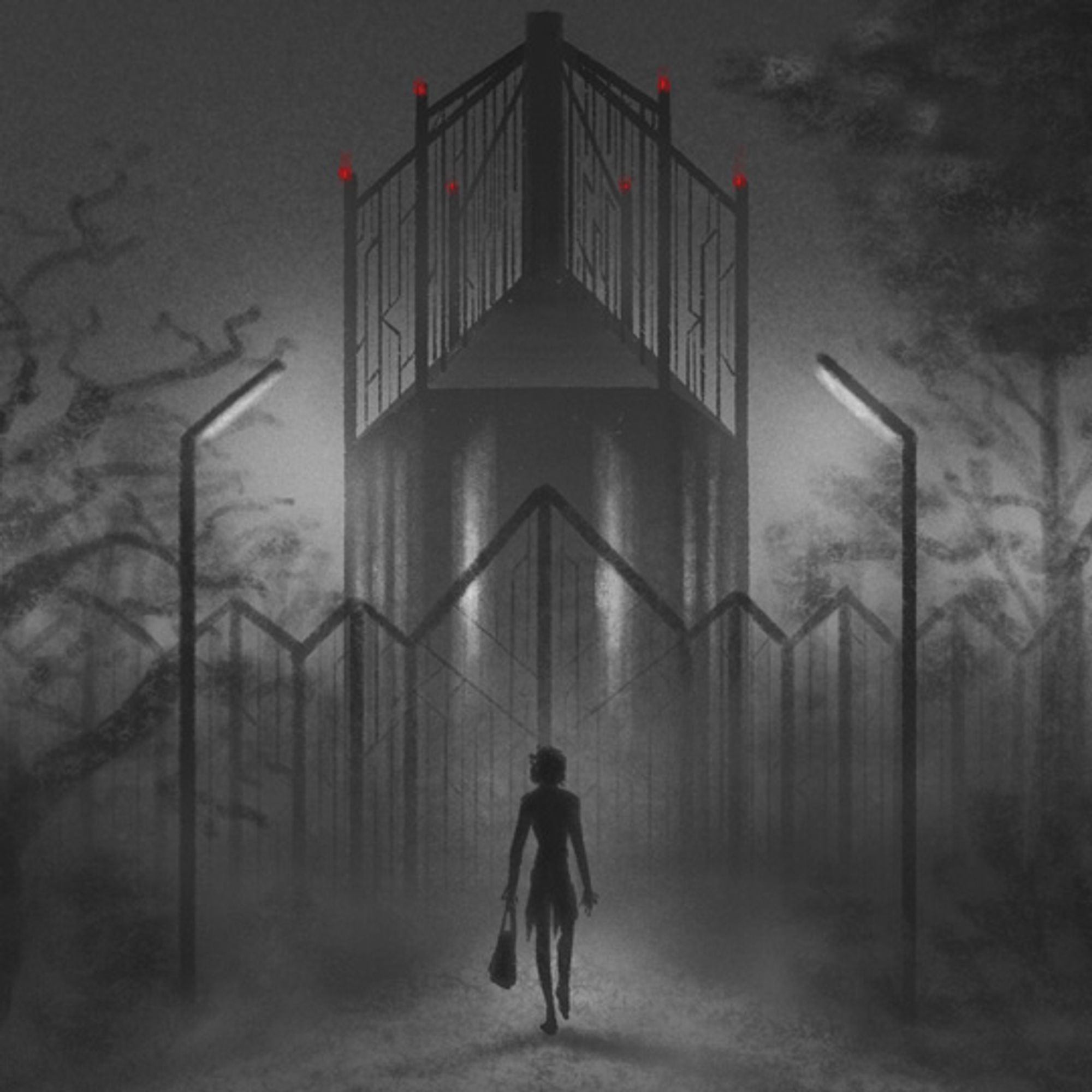 The Hunter comic page preview: a silhouette of a character walking through creepy foggy forest towards a massive building the architectural style of which i can only describe as low-poly gothic.