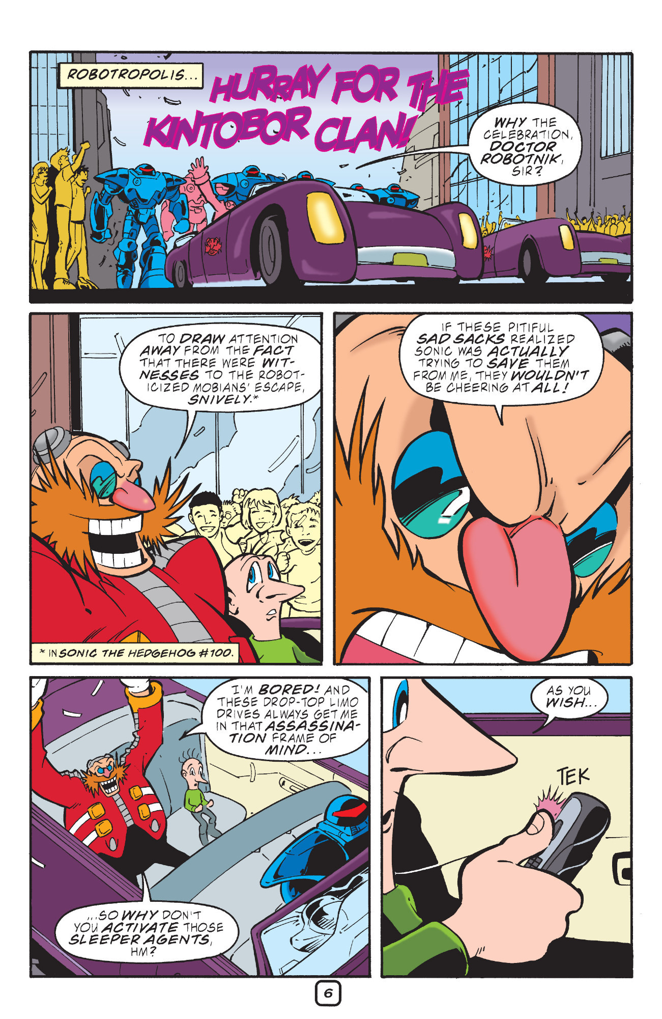 A page from Archie's Sonic the Hedgehog. Robotnik and Snively drive down a busy street in a scene framed similarly to camera shots of the JFK assassination.