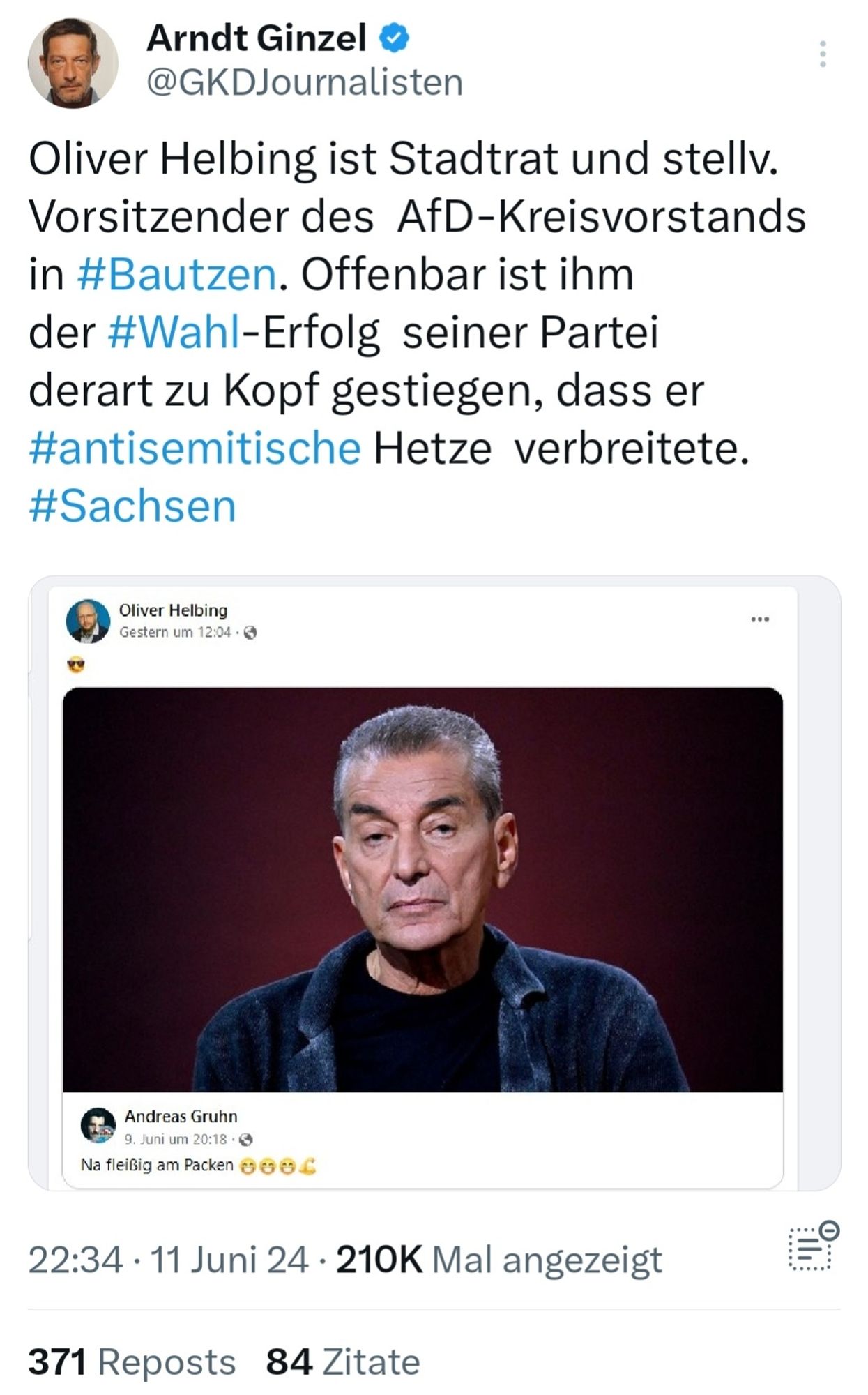 Tweet von Arndt Ginzel zu antisemitischer Hetze von Helbing