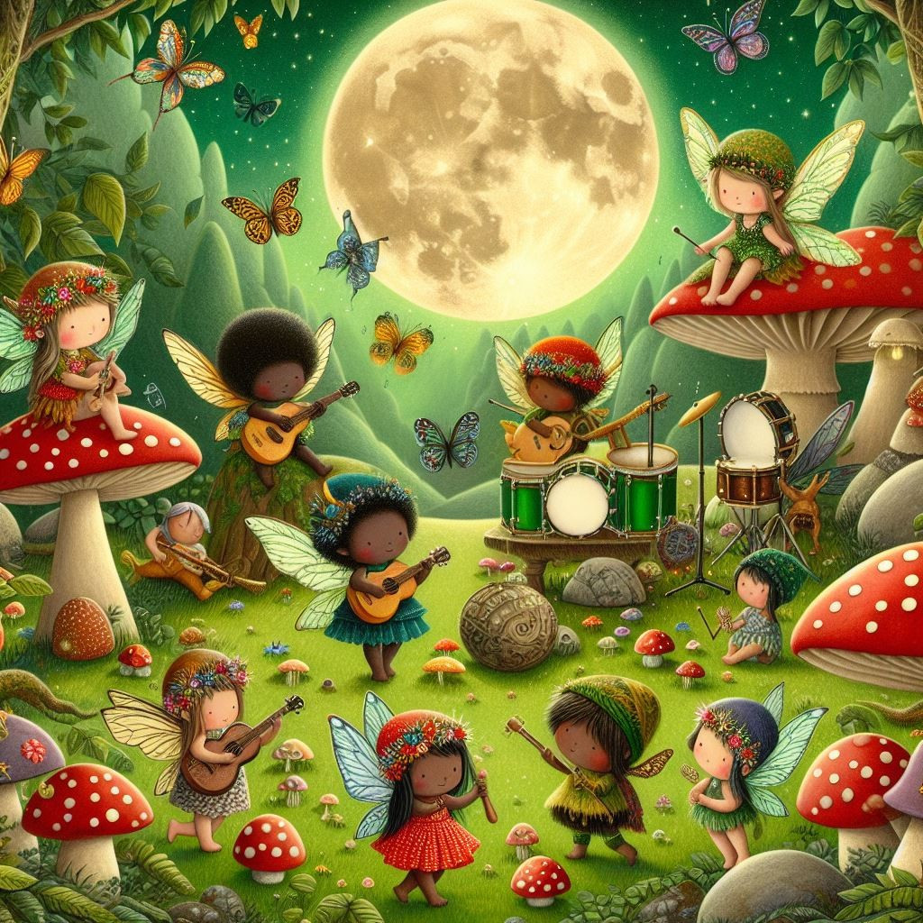 fairy tale clearing in the woods where musical faeries hear or play music and listen or dance together. AI art by Minxy McNaughty