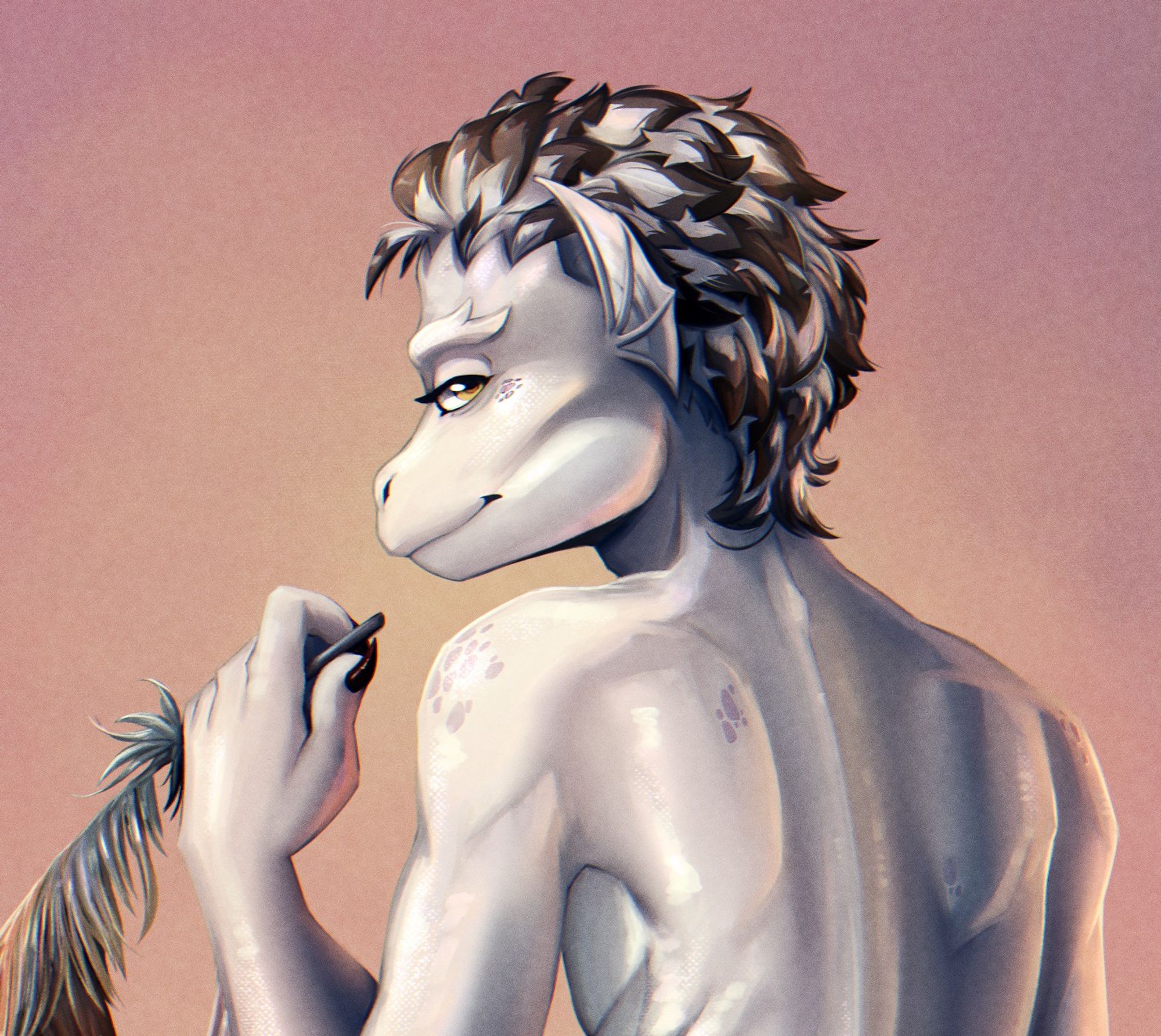 Cropped version of a painting I previously posted on my BlueAsky page featuring an anthro lizard holding a feather while looking back at the viewer. OC belongs to Drixx