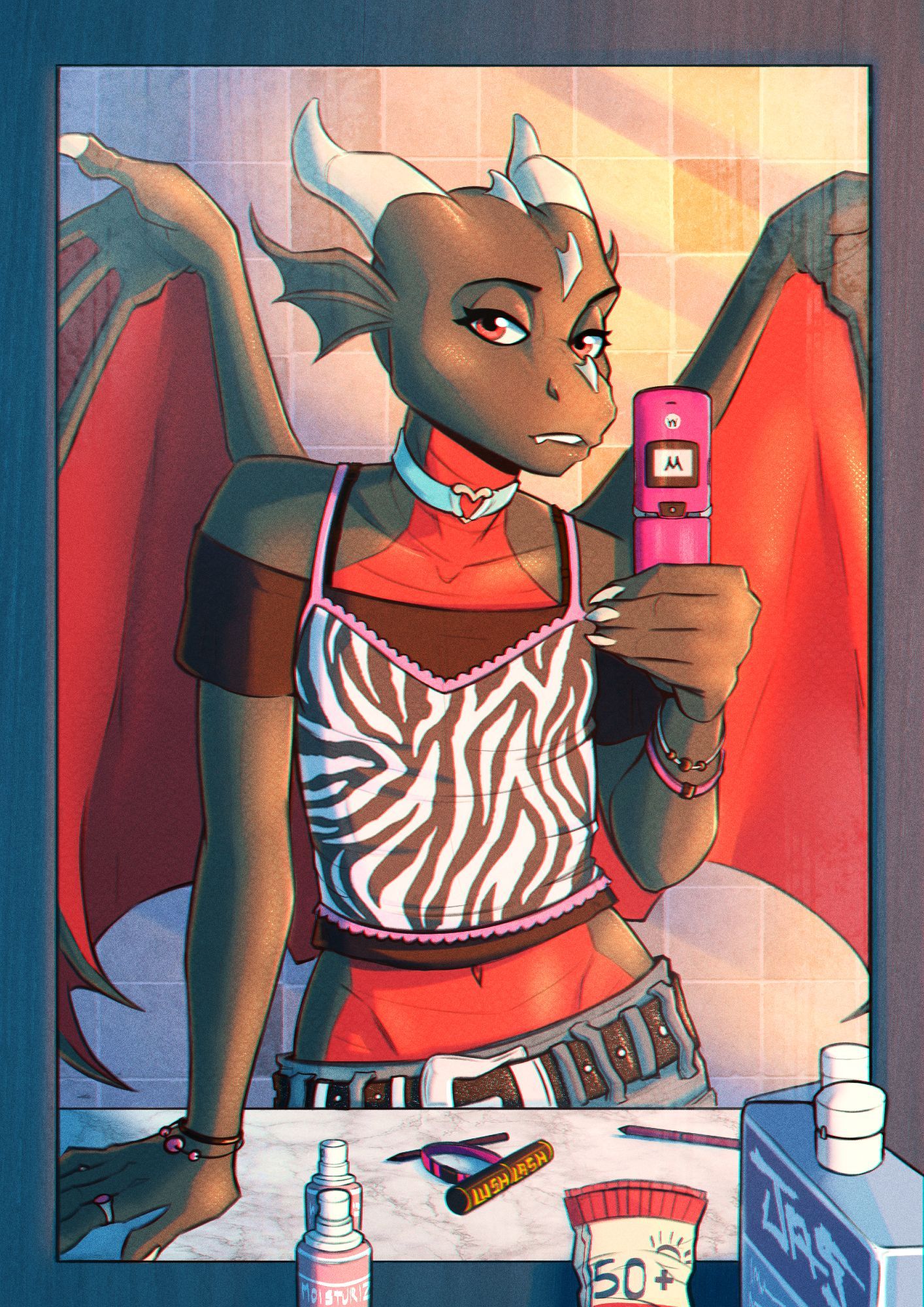 Debbie (OC belongs to DebbieDragoness) taking a mirror selfie with her Motorola Razr