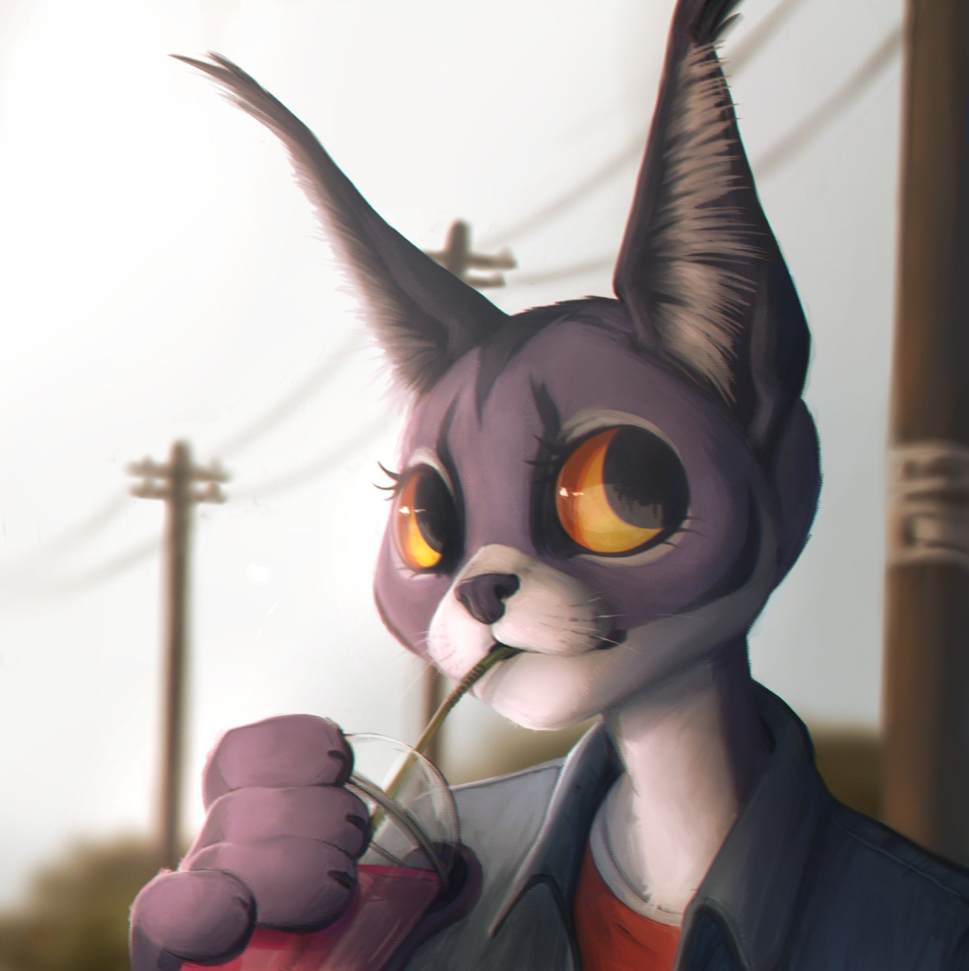 Digital painting portrait of a purple caracal looking to a side and drinking boba