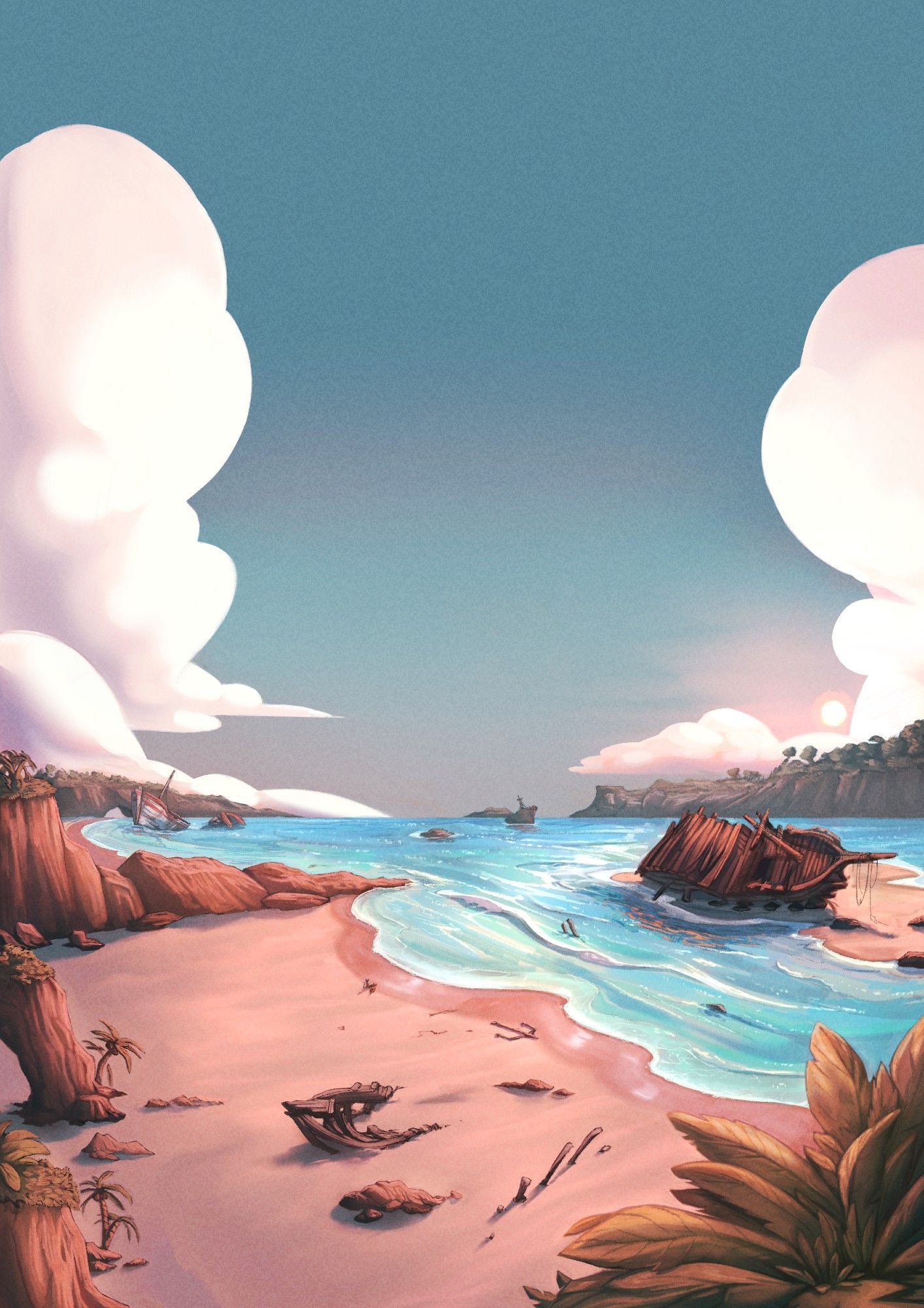 Illustration of a beach where there are some abandoned shipwrecks from different eras. It is early morning and the sun is casting a warm pinkish light on the sand and rock formations contrasting with the blue sky and teal-blue water