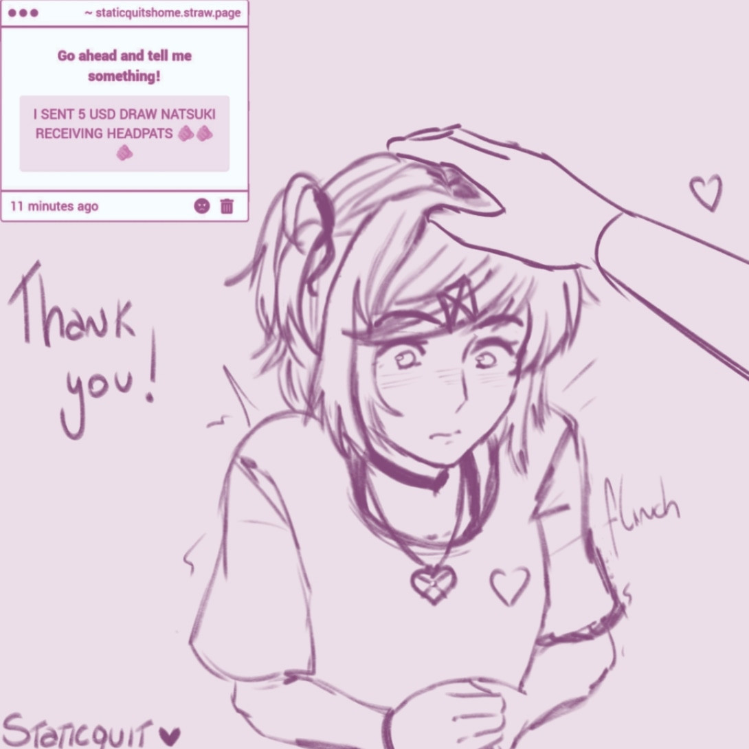 A sketch drawing of the character Natsuki, from Doki Doki Literature Club, receiving headpats