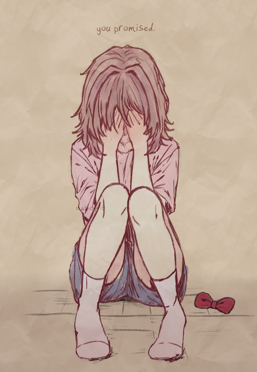 Sayori from Doki Doki Literature Club is sitting on the floor, hiding her face with her hands. Her hair is untied and messy, and her ribbon lies on the floor as she cries to herself, with the text "You promised."