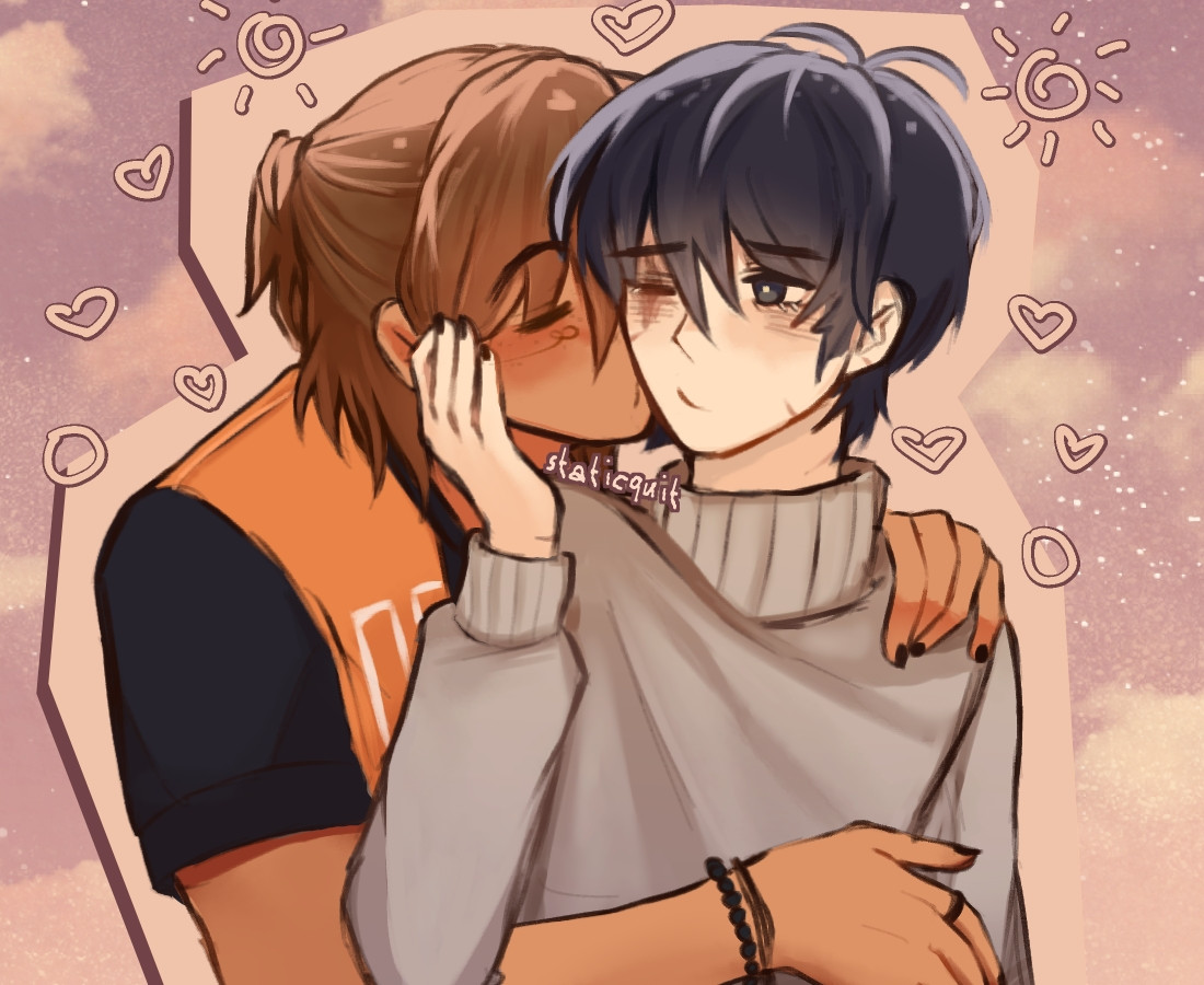 Kel and Sunny, characters from the game Omori, as young adults. Kel gently holds Sunny from behind and gives him a kiss on the cheek, while Sunny tenderly holds Kel's face. The colors are warm, reminiscent of a sunset sky, creating a cozy feeling in the image.