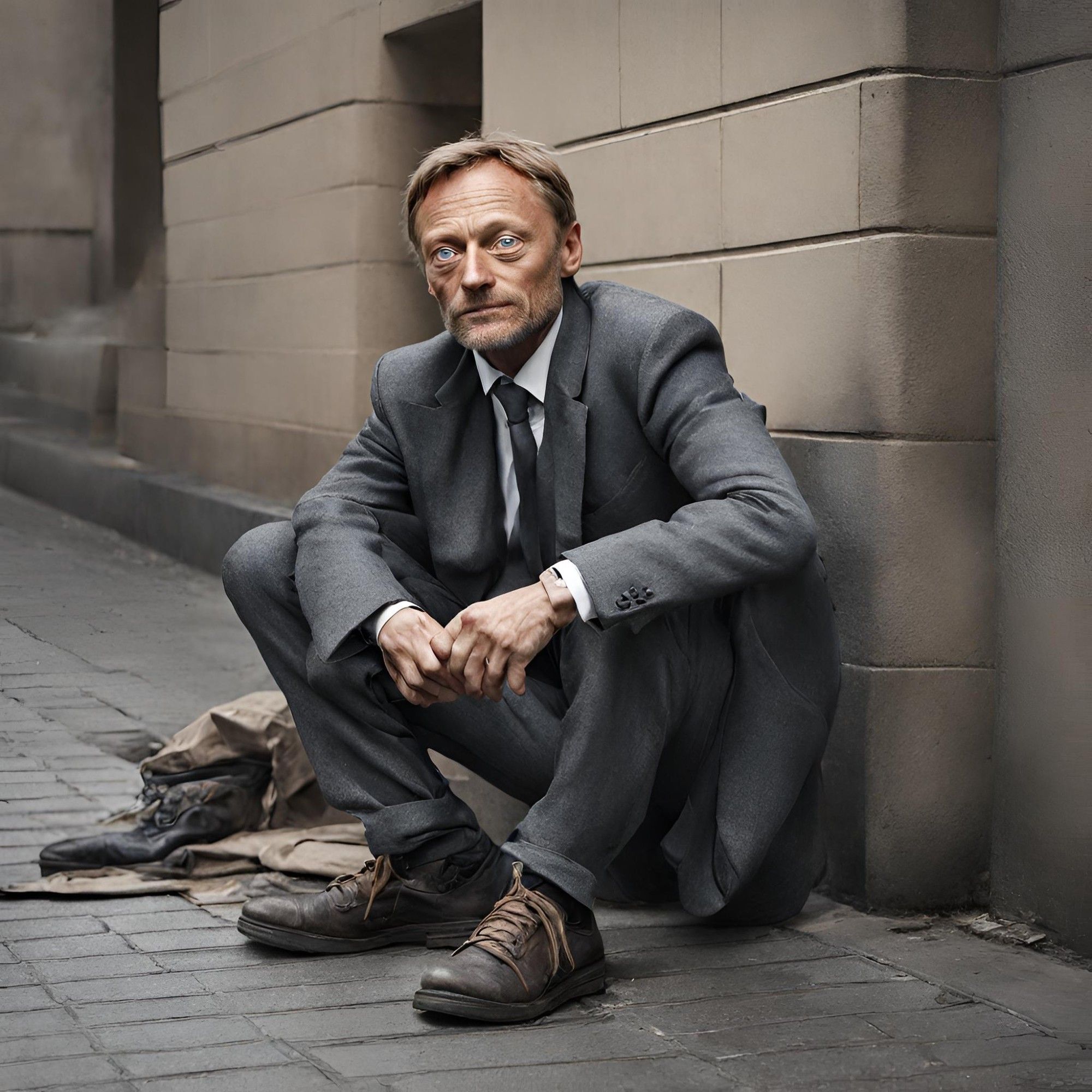 KI generiertes Bild von Christian Lindner. Er sitzt mit einem schäbigen Anzug und Schuhen an einer Hauswand gelehnt auf dem Bürgersteig. Neben ihm liegt eine Papiertüte mit ein paar Habseligkeiten. Er starrt ins Leere