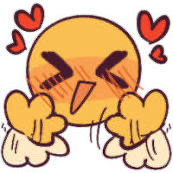 Yellow emoticon face with hands flapping, the face is blushing and hearts surround it