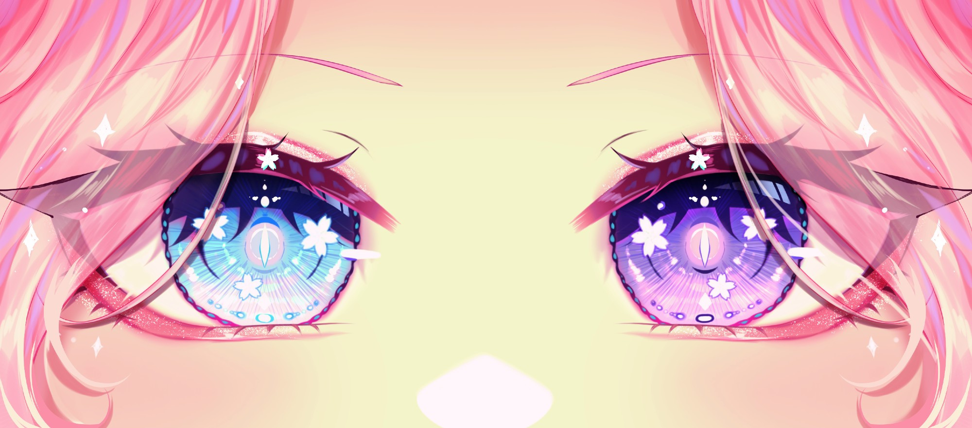 a drawing of yenna's eyes. the right is purple, the left is blue, and both are filled with sakura blossoms.