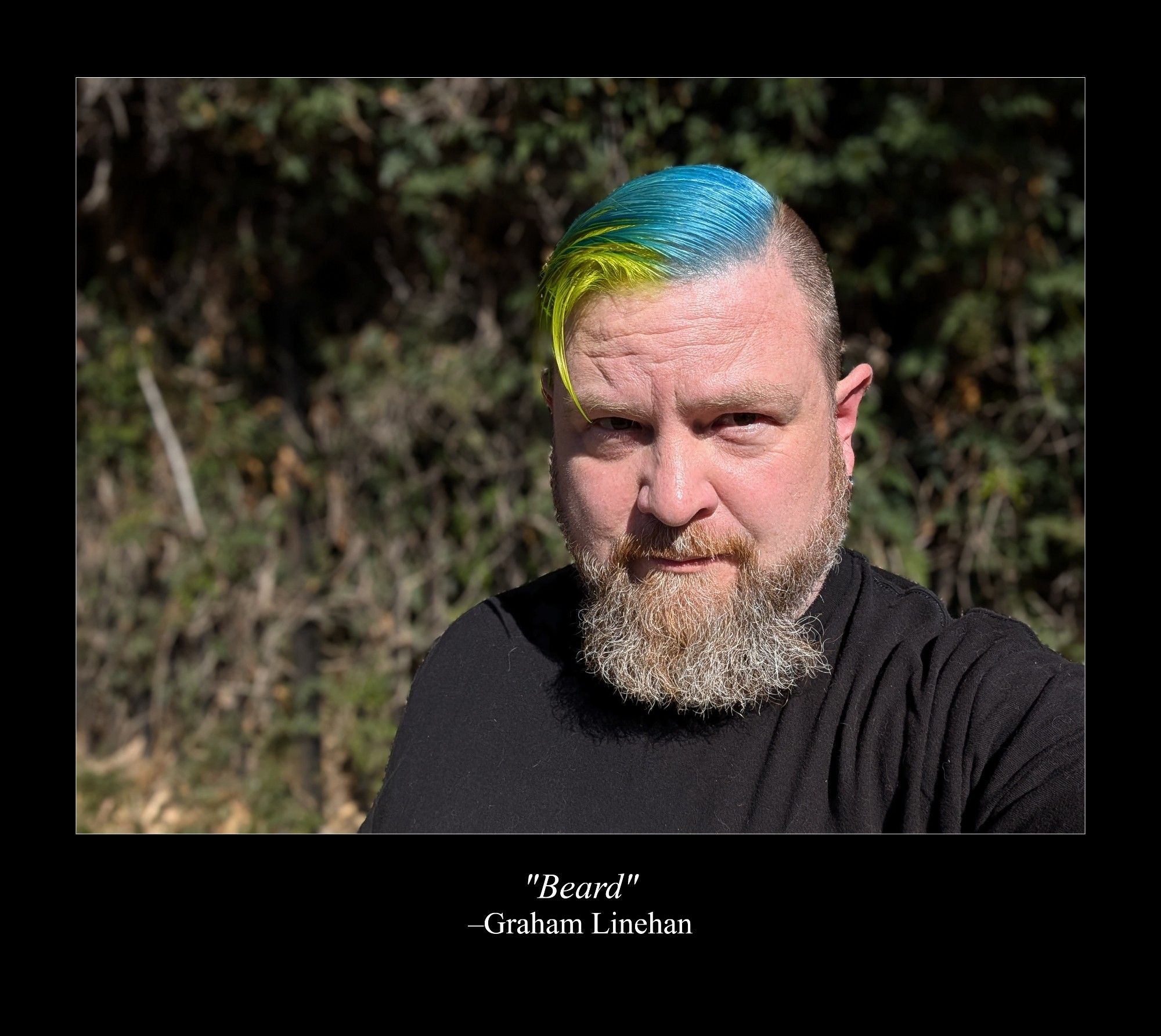 A motivational poster-format image of me with dyed blue hair and a quote from Graham Linehan, which reads "beard."