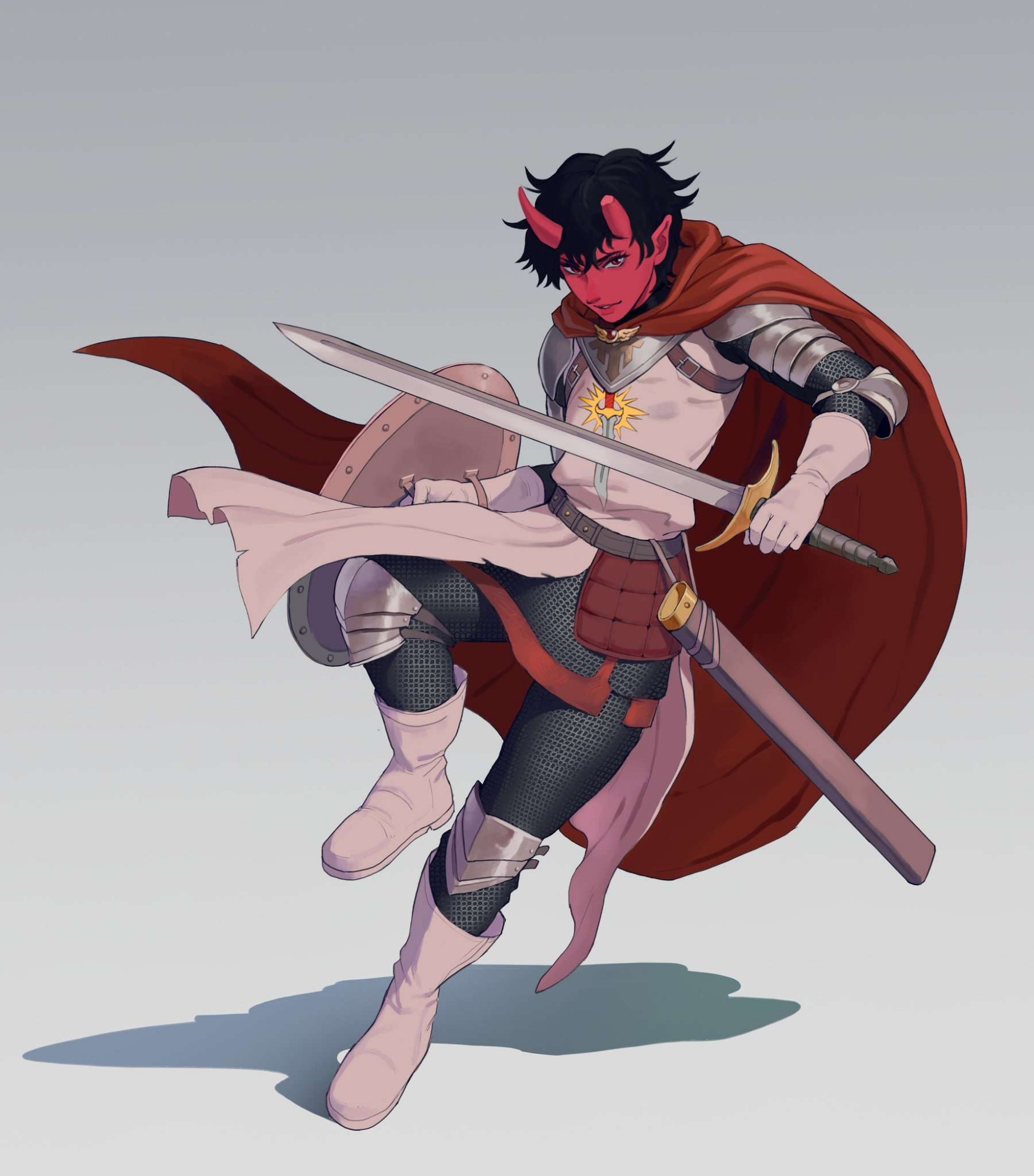 A red skinned man with black hair and two devil horns (with one that is broken) wields a longsword and a shield. And his red cape swooshes as he jumps into action.