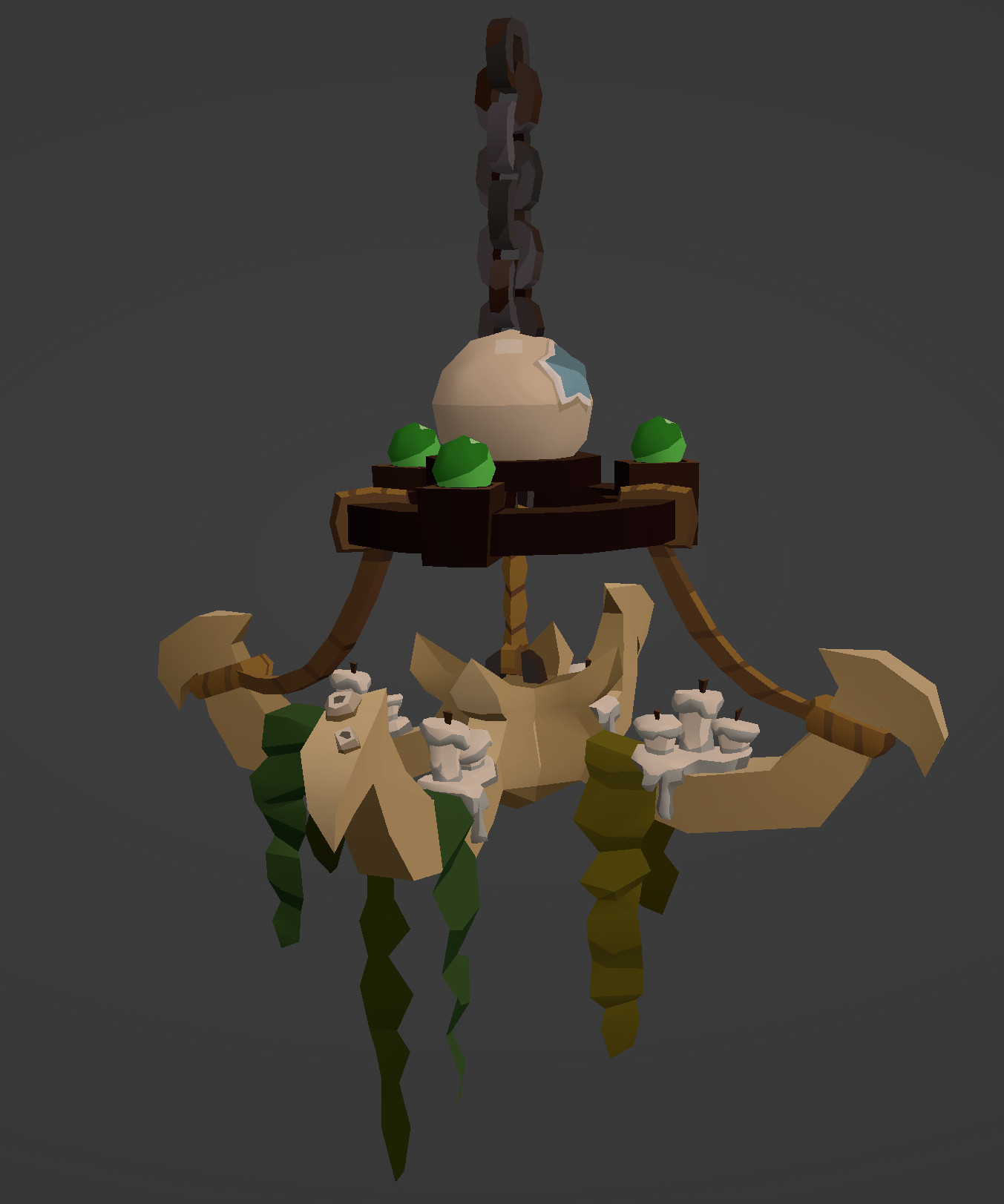 A chandelier with melted candles atop it, and seaweed hanging off it.