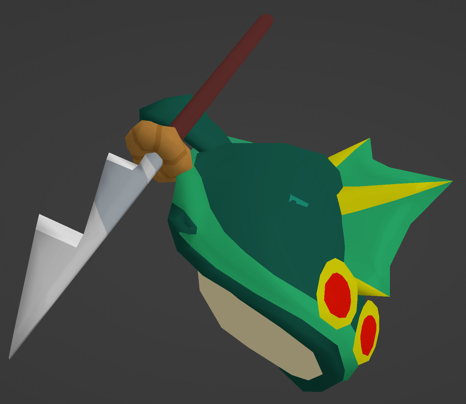 "Fish Shoot": A dark green fish holding with a speargun spear