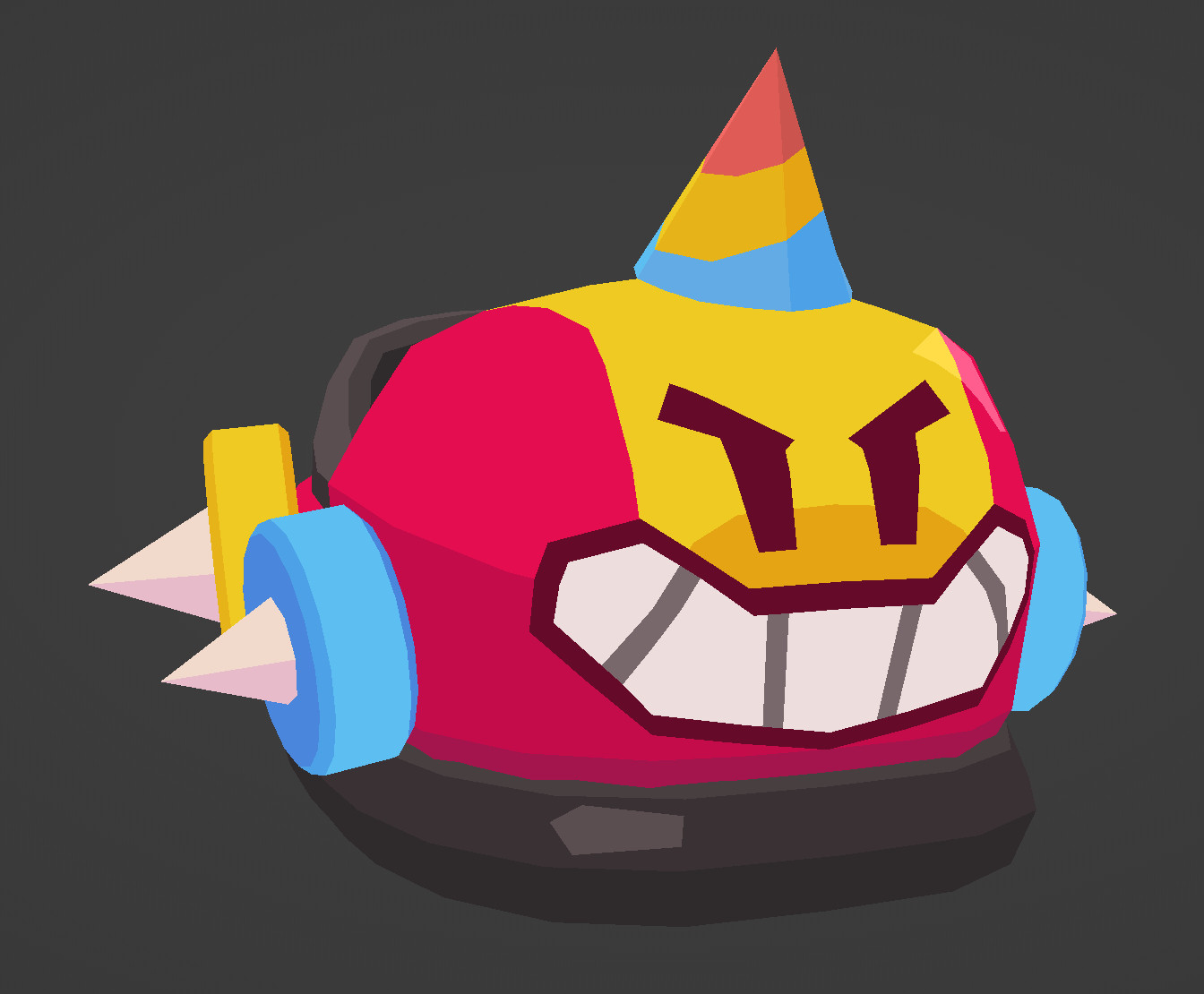 The midboss, a red and yellow bumper car with a vicious smile on its front. Its yellow and blue wheels have spikes poking out of their centers. It wears a party hat with red, yellow, and blue stripes.