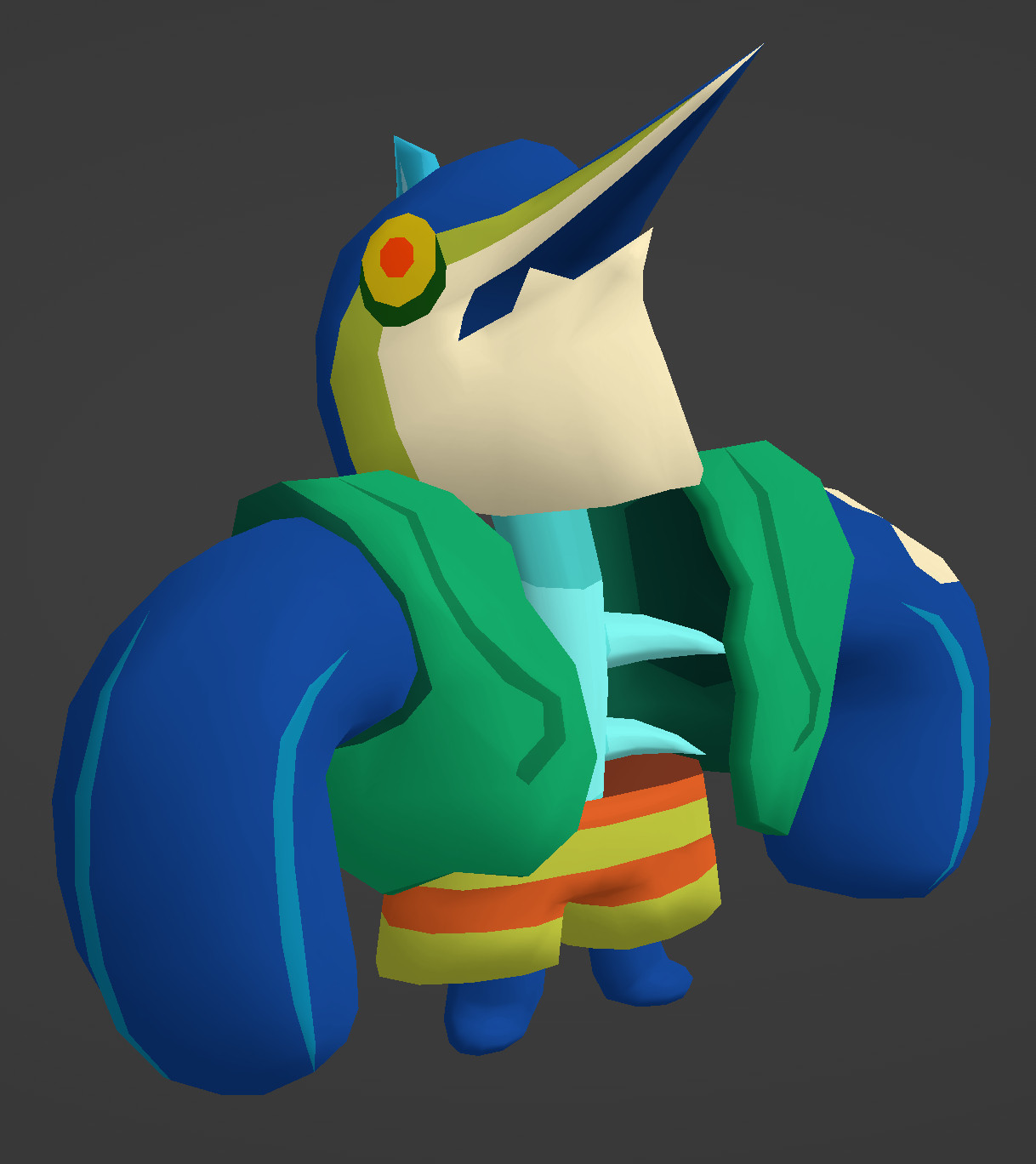 "Captain Rush", a swordfish standing upright with big arms, a seaweed vest, swim trunks, and a fishbones-only torso