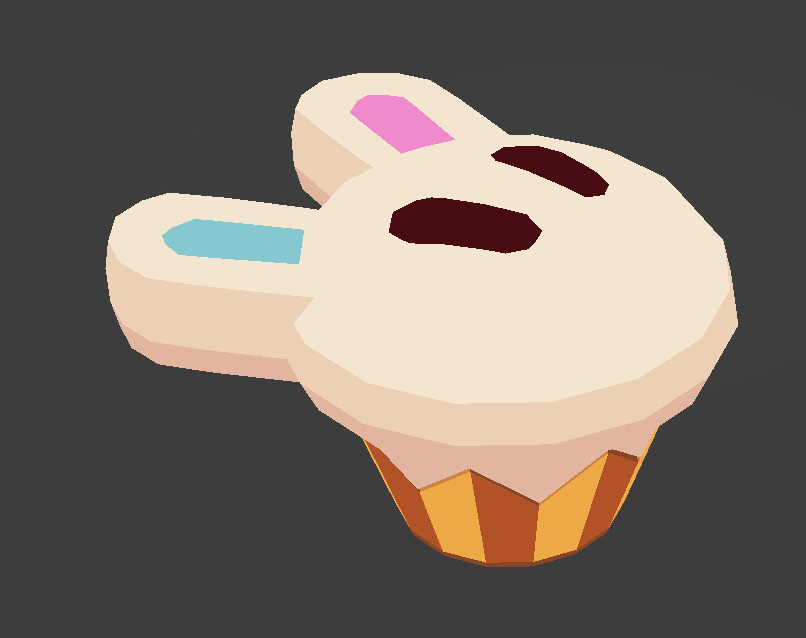 A vanilla cupcake that has rabbit ears sticking out and two eyes in its center, facing upwards. It looks just like a cute rabbit face when looked from directly above.