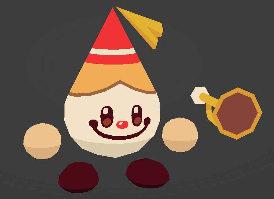 Picture an upside-down vanilla ice cream cone (triangular cone shape), with eyes and mouth made of chocolate and a cherry-red nose. It has floating balls for limbs and chocolate shoes. It wears a red party hat with yellow fabric hanging down from its top. It holds a trumpet.