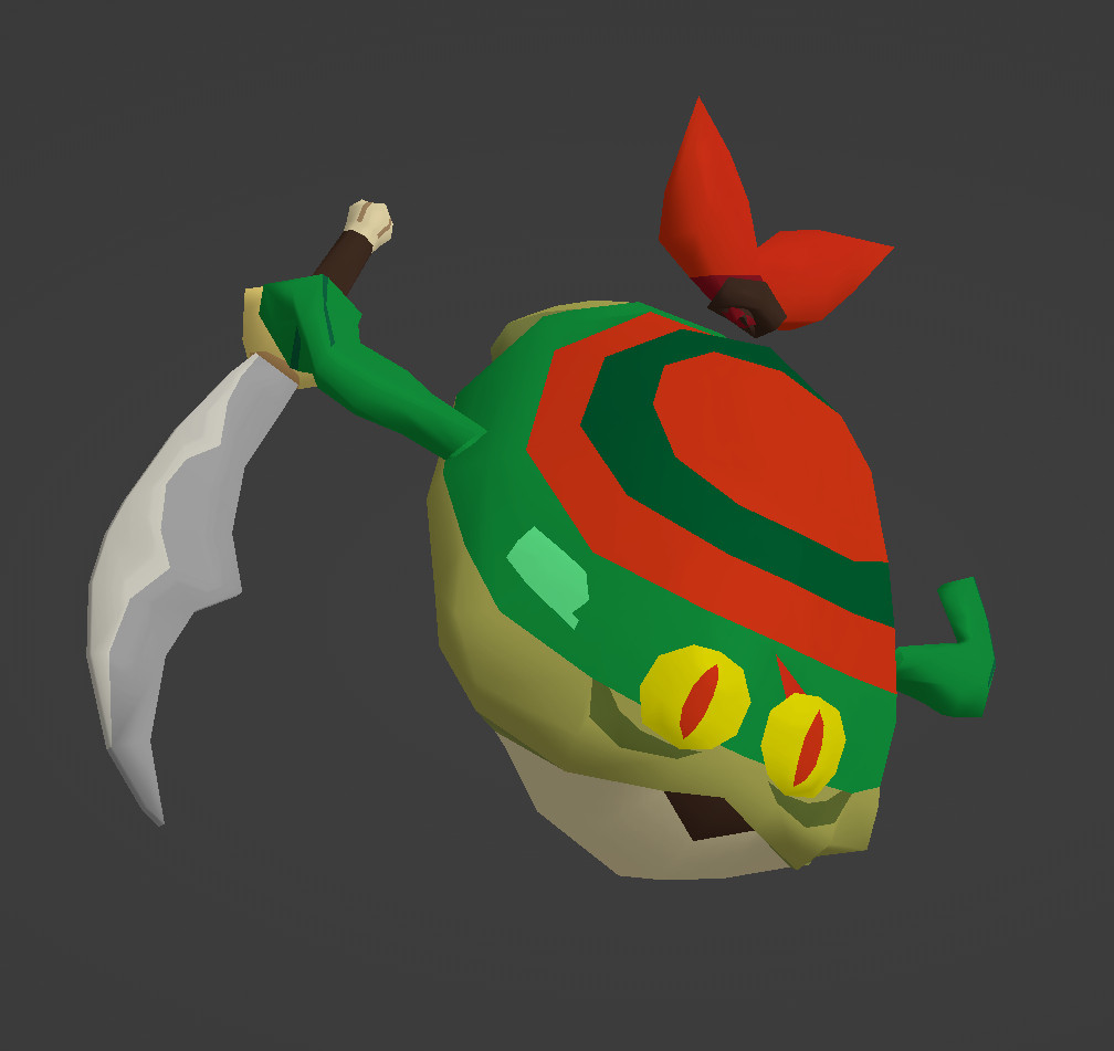 "Fish Sword": A green fish with a pirate's bandana hat and holding a scimitar in one fin