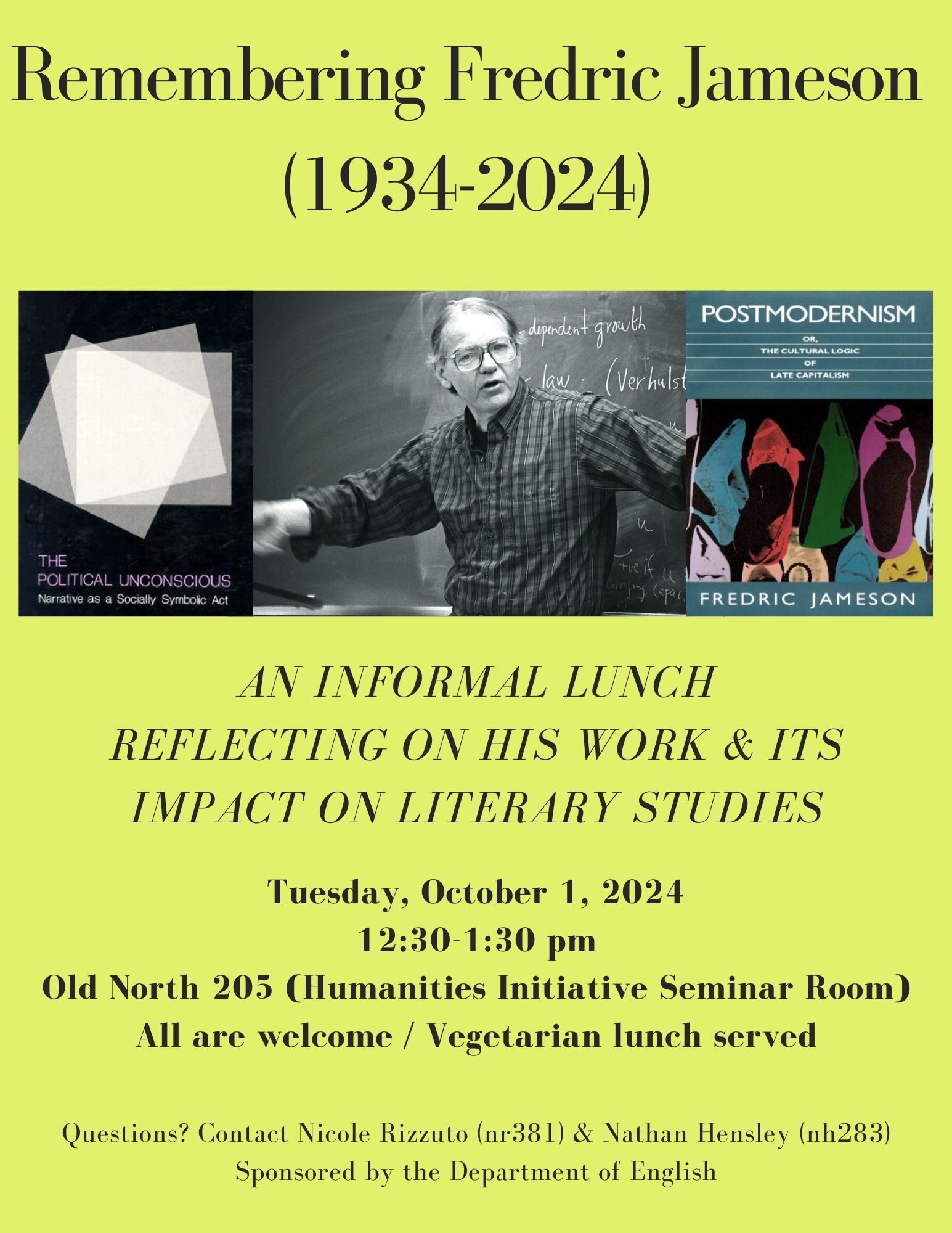 poster for remembering fredric jameson, georgetown university Tuesday 10-1 12:30 pm