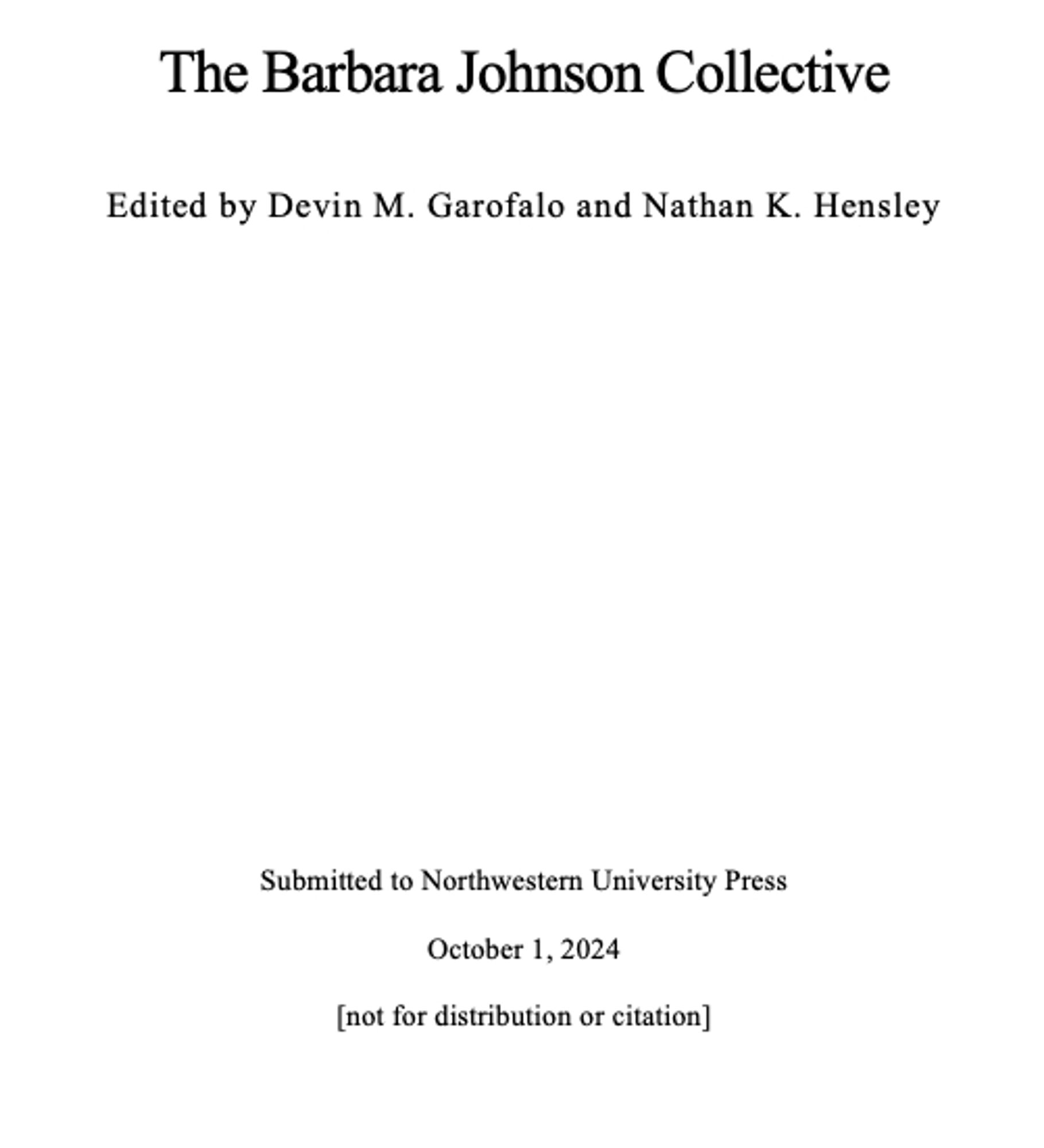 Cover page of The Barbara Johnson Collective, MS submitted to Northwestern UP