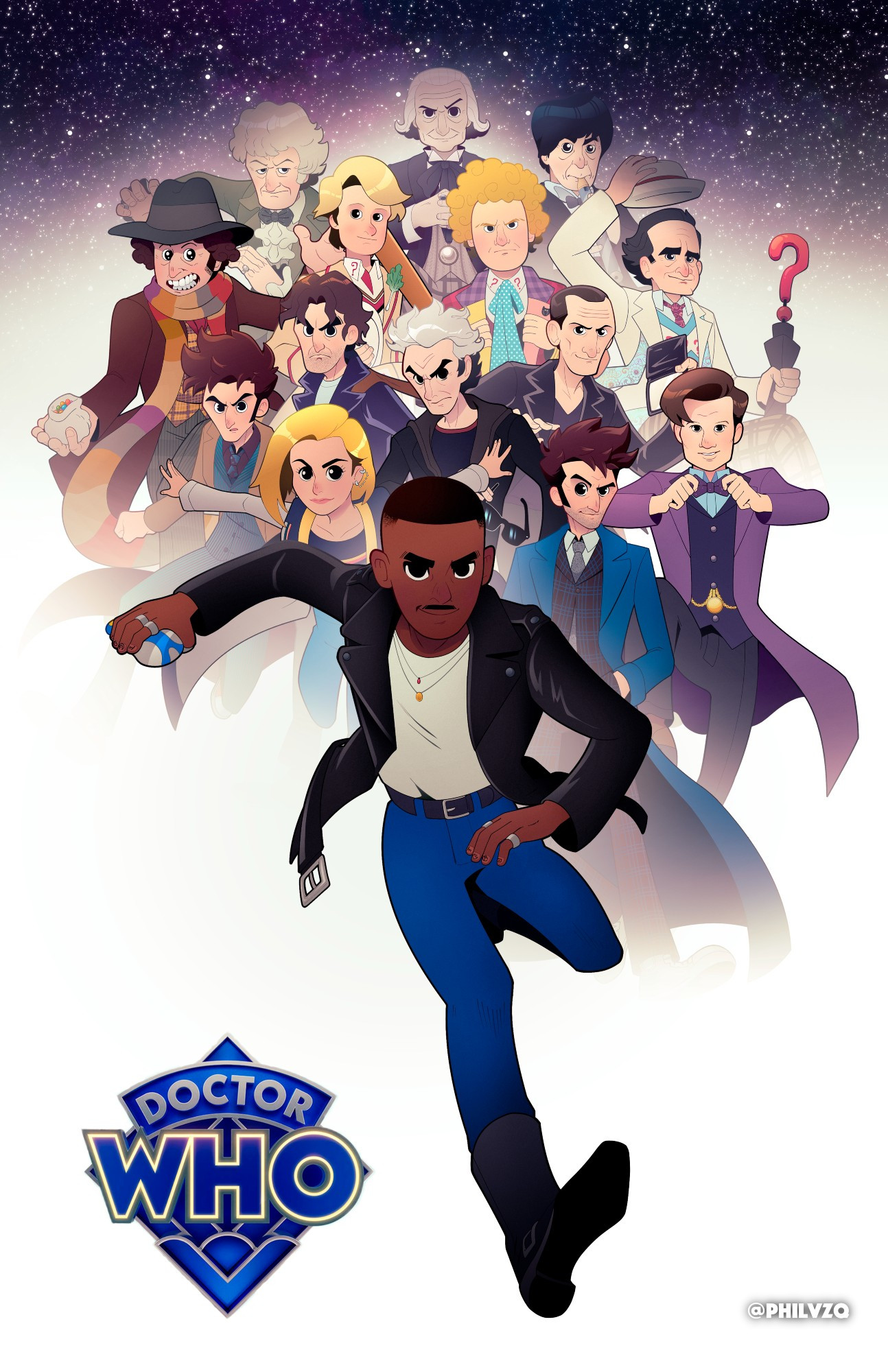 Doctor Who illustration depicting all of the Doctors, with the recent incarnation front and center.