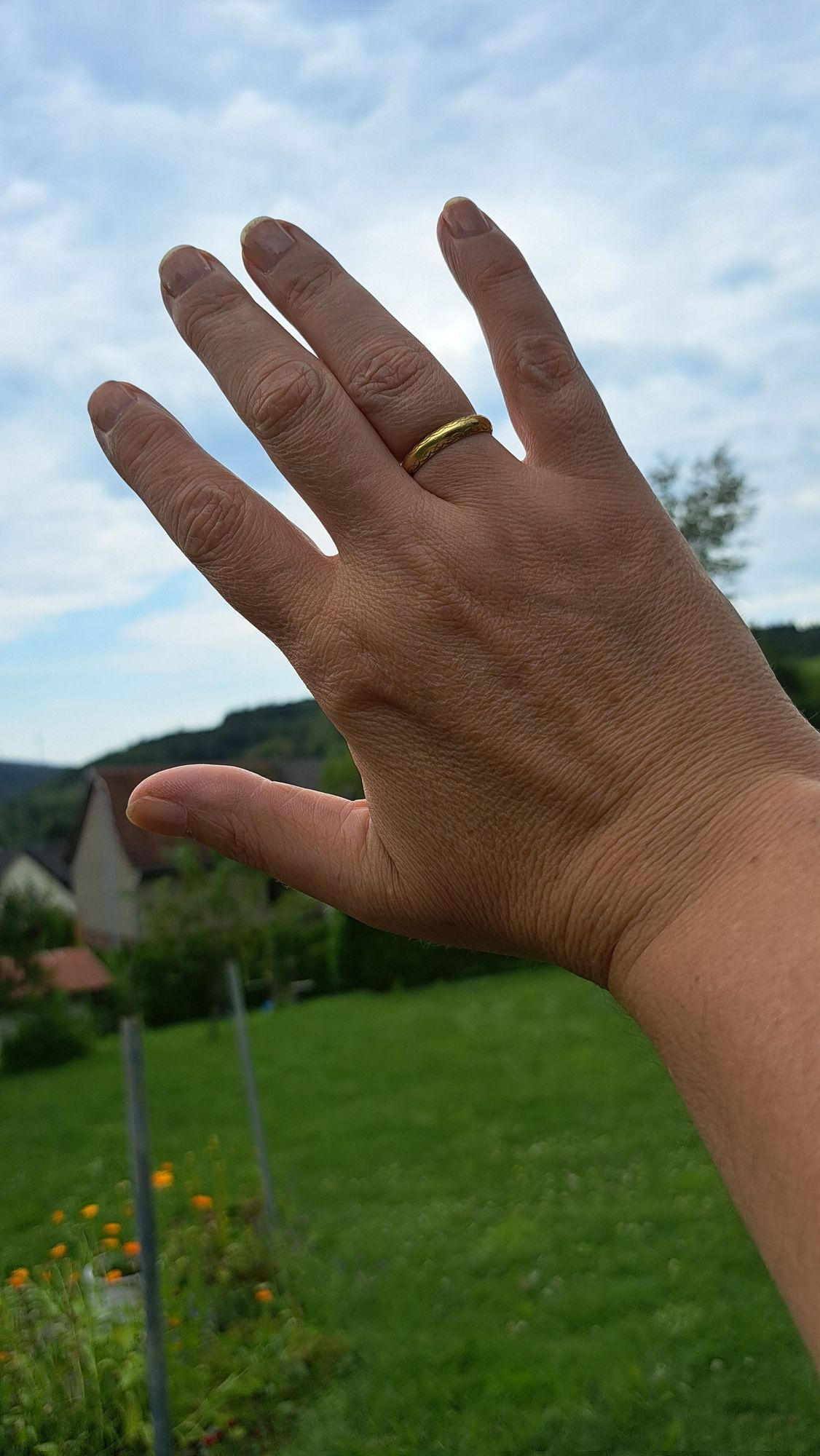 Meine ausgestreckte rechte Hand. Im Hintergrund Wiese, ein Gebäude und der Himmel