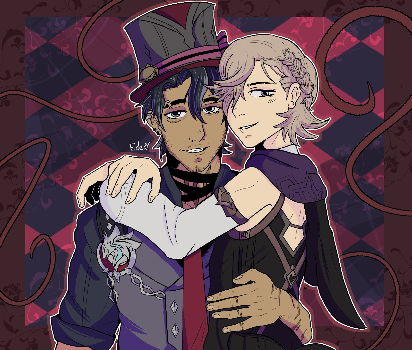 Wriothesley and Lyney from Genshin Impact hugging each other. Wriothesley is wearing Lyney's hat and his hand is on Lyney's waist. Lyney's arms are around Wriothesley's neck. 

#wrioney #lysley #genshinimpact #genshinart #art 