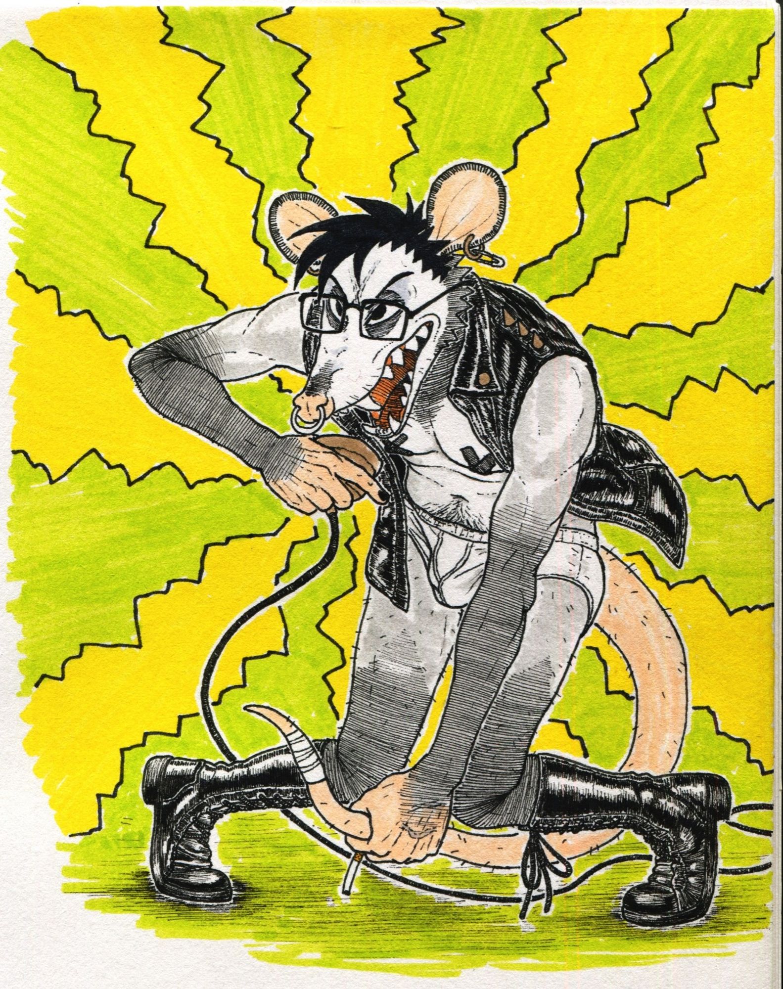 FLEAS the opossum is dressed in little but a leather vest, white briefs, and leather boots. he snarls, screaming into a microphone with such intensity it's causing him to crumple to the floor. yellow and green energy radiates off of him