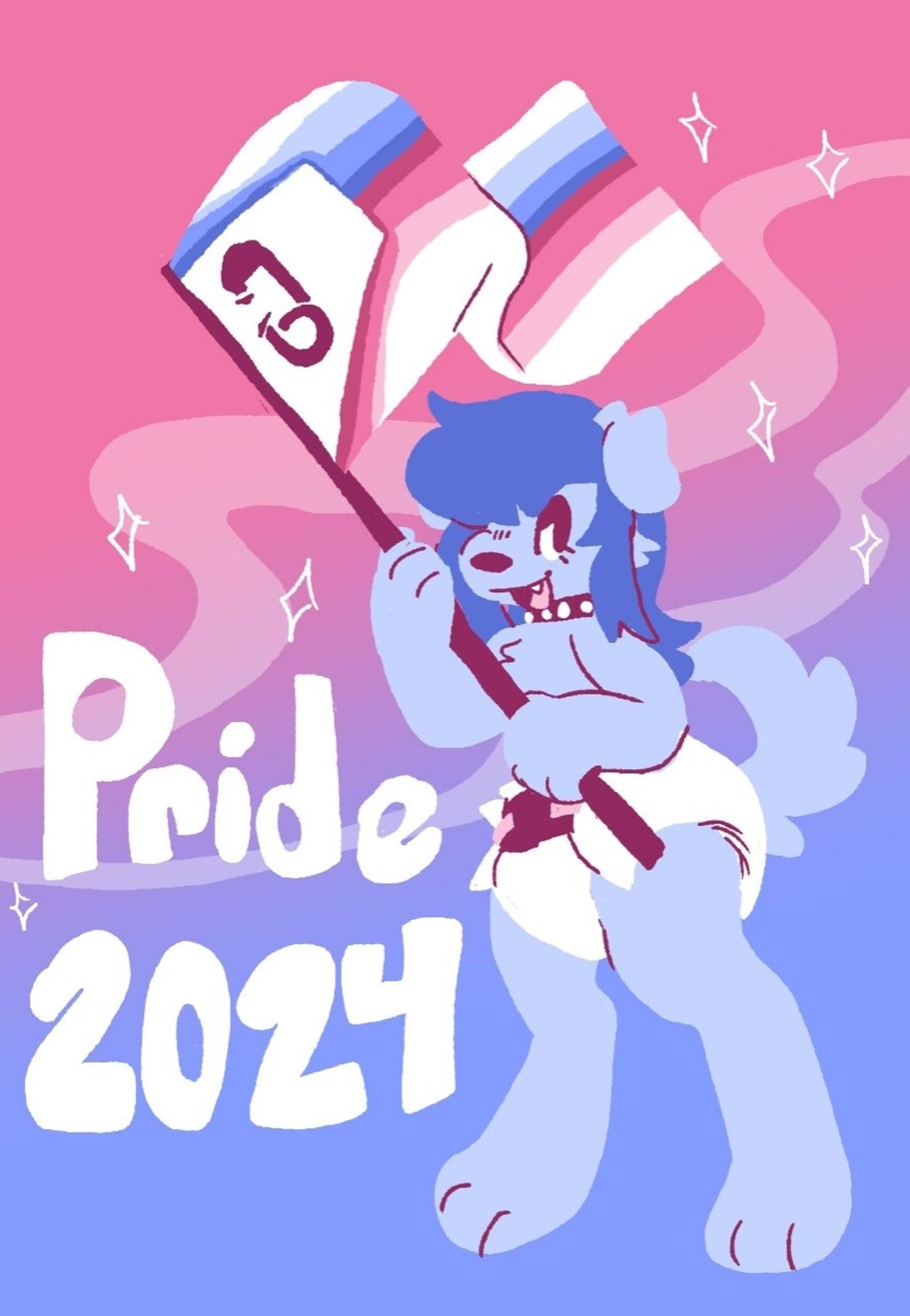 a pride drawing of a diapered dog waving the abdl flag