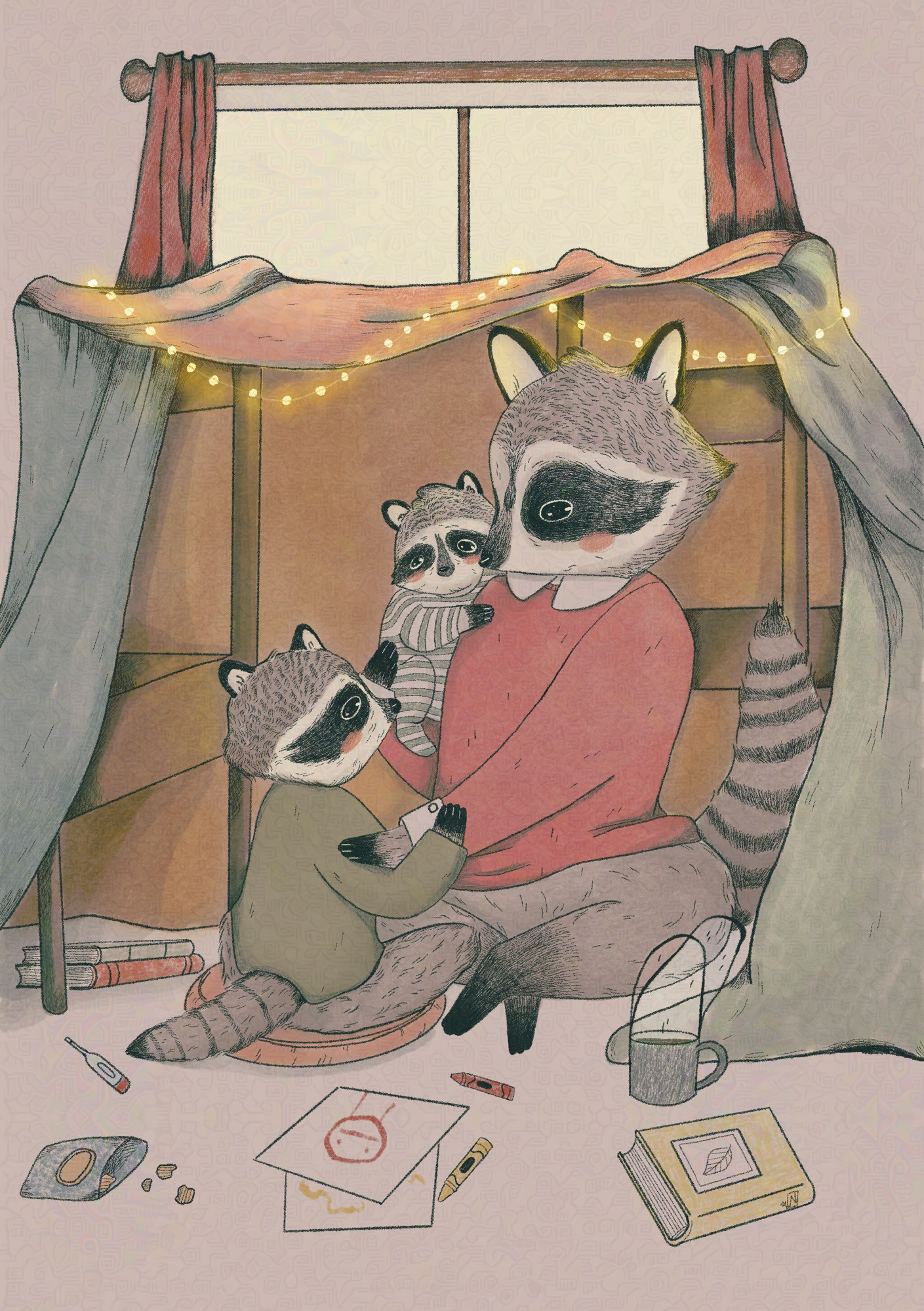 An illustration of a cartoon mama raccoon cuddling her two babies under a blanket fort. 