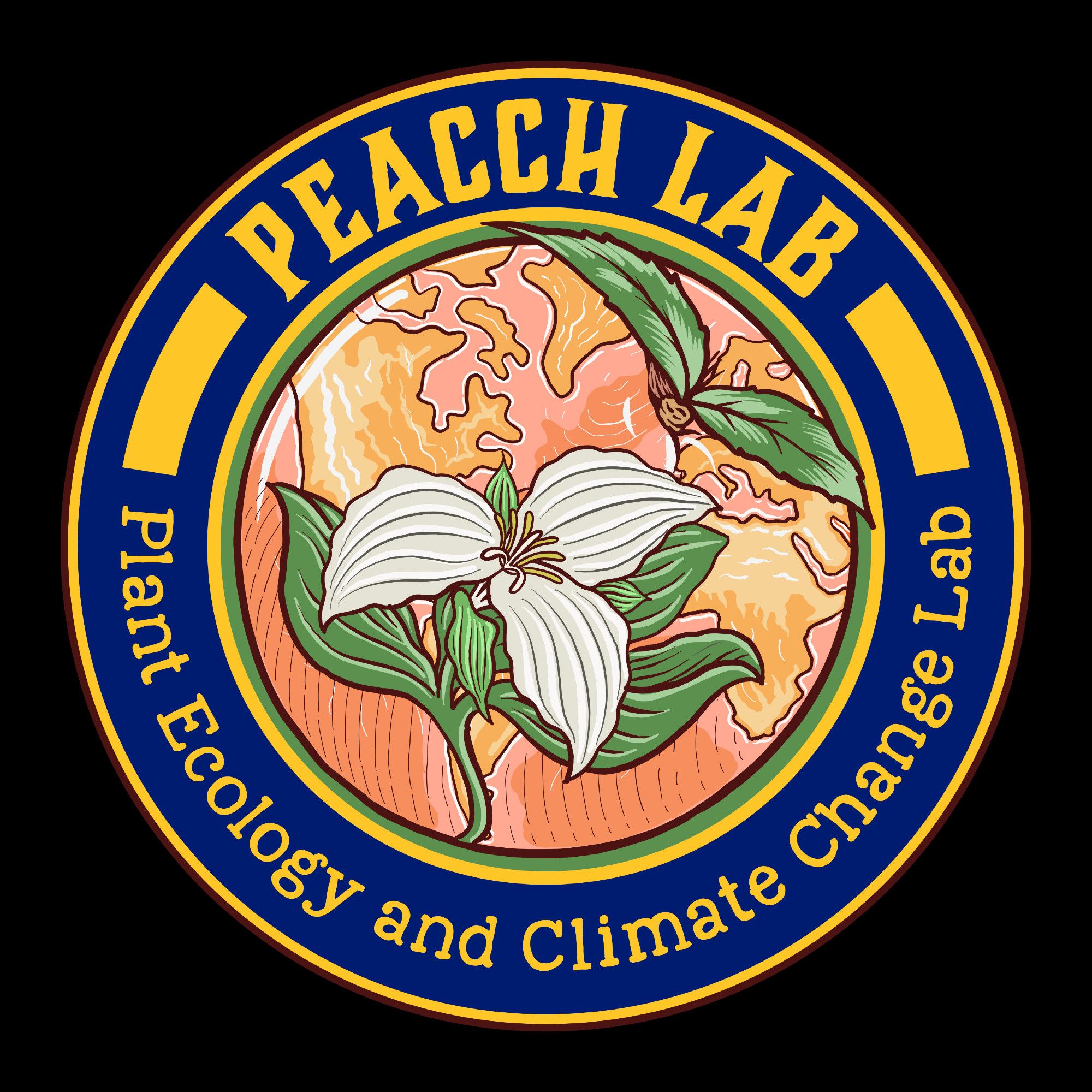 A circular logo with the text "PEACCH LAB -- Plant Ecology and Climate Change Lab" in yellow text around a blue ring. In the center of the ring is an image of a hybrid peach-globe behind a white Trillium.