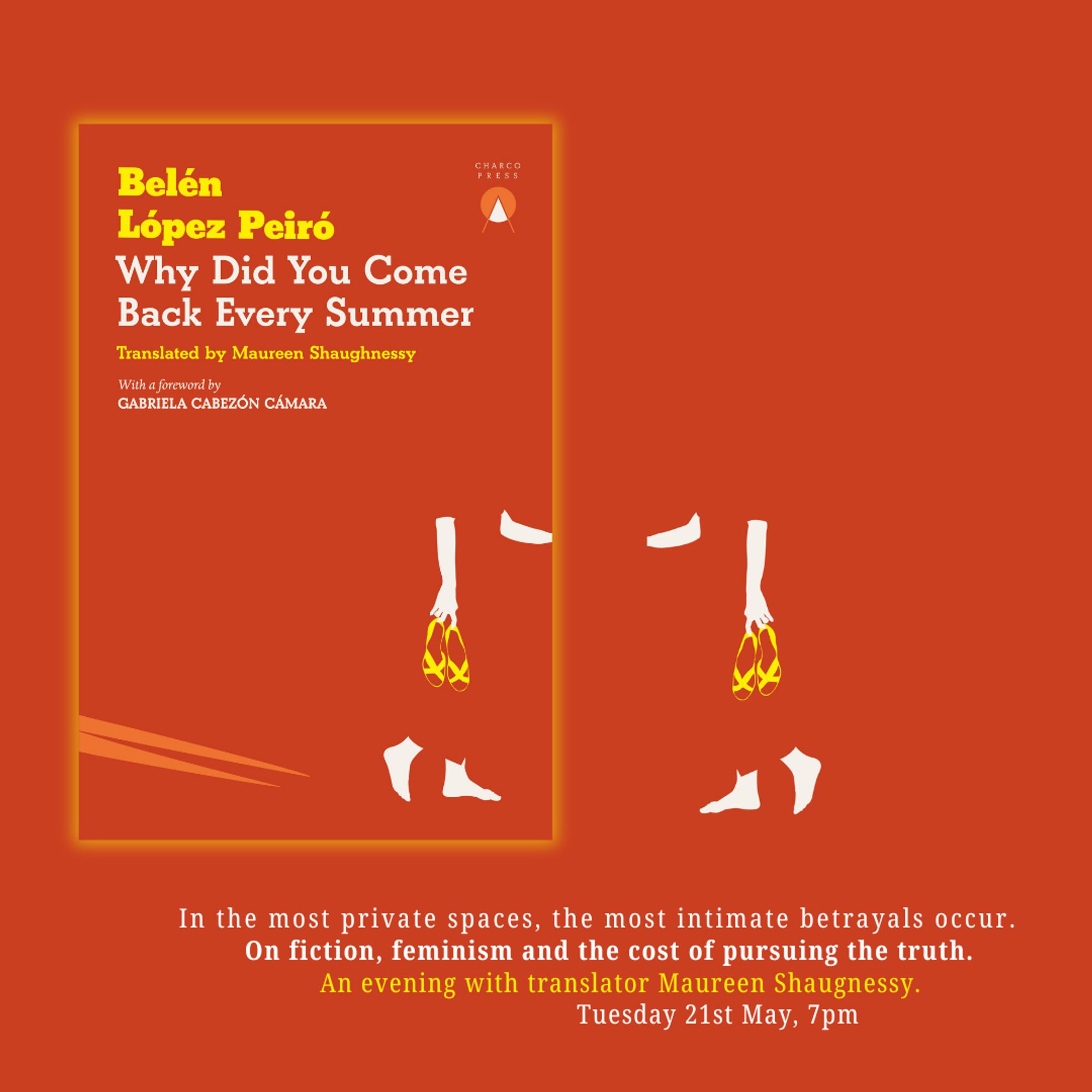 A square event banner featuring the cover of Why did you come back every summer by Belén López Peiró.