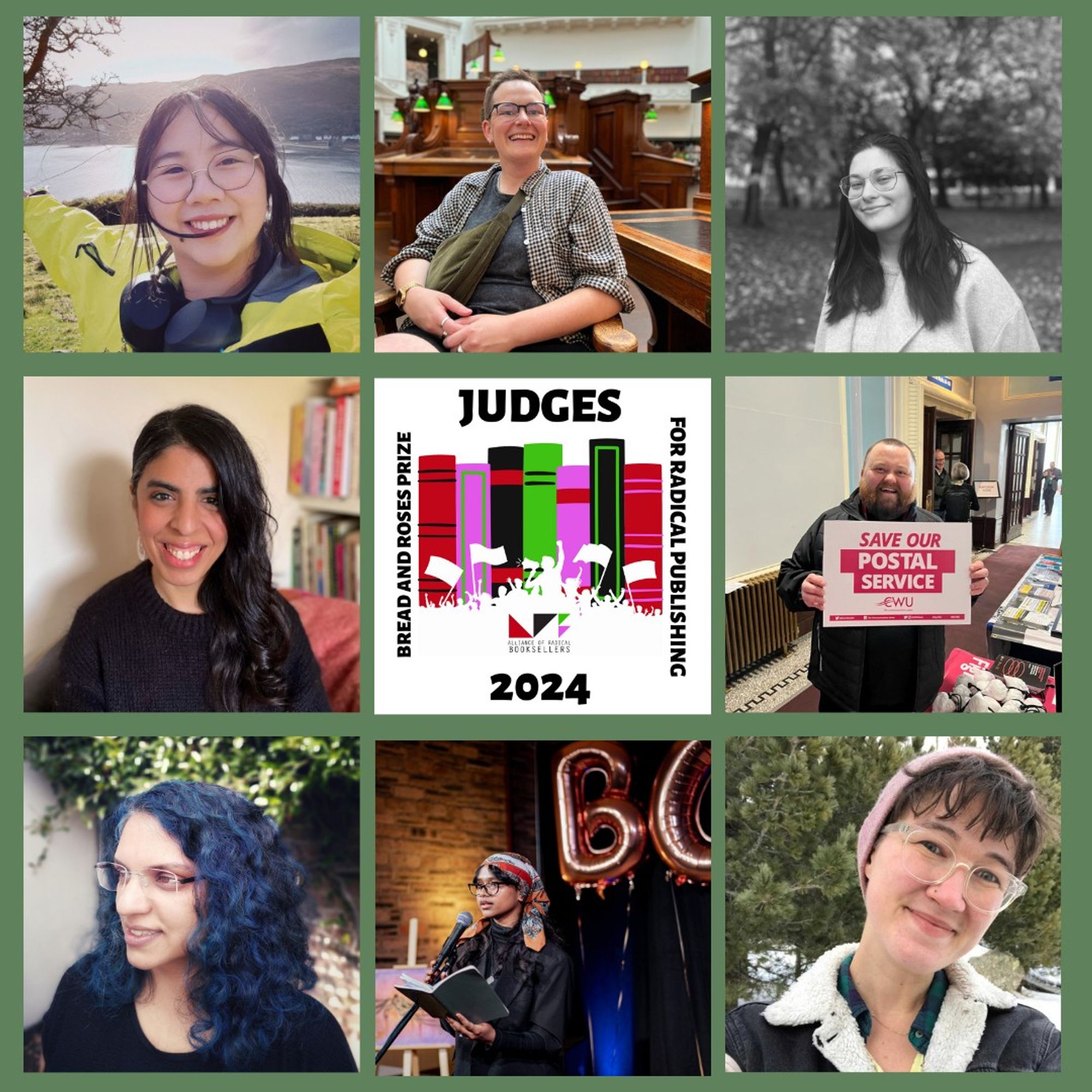 A collage featuring photos of the panel of judges for the 2024 Bread and Roses award with a prize logo in the middle. Starting in the upper left corner going clockwise: Viv Cheng, Ray Shipley, Olivia Calderón, Scott Hartles, Christina Neuwirth, Mymona Bibi, Agomoni Ganguli-Mitra and Meera Ghanshamdas