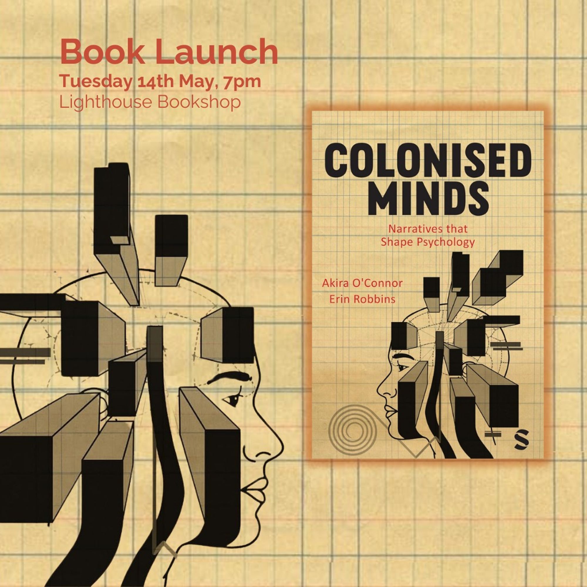 A square event poster featuring the cover of the book Colonised Minds by Akira O'Connor and Erin Robbins