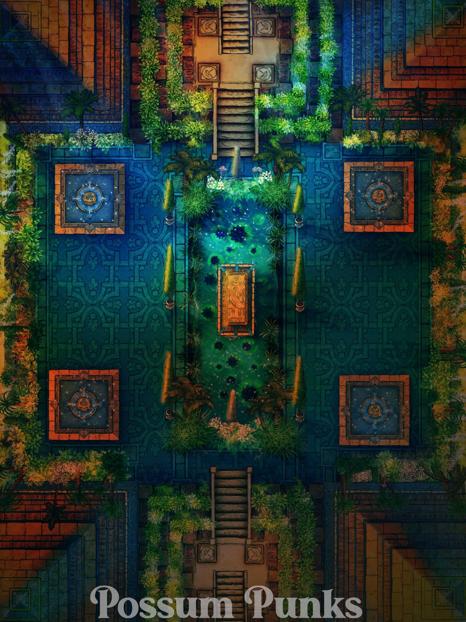 Egyptian themed brutalist courtyard with fountains and botanicals. top down map