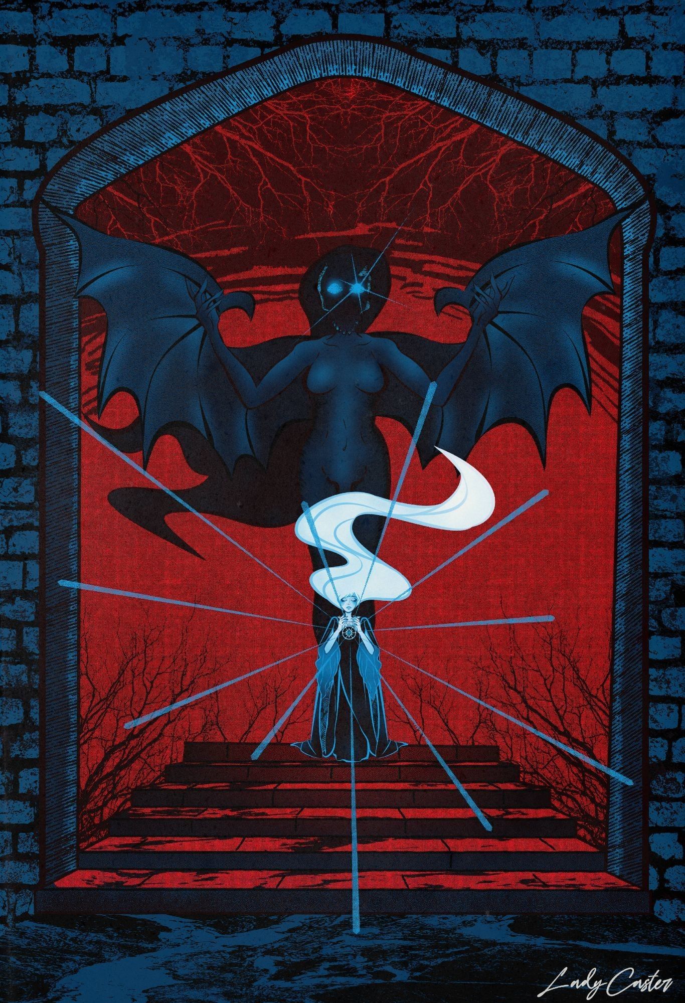 Red and blue retro style illustration of a snowy woman in a black dress, casting from her amulet as a giant demonic winged woman stands behind her