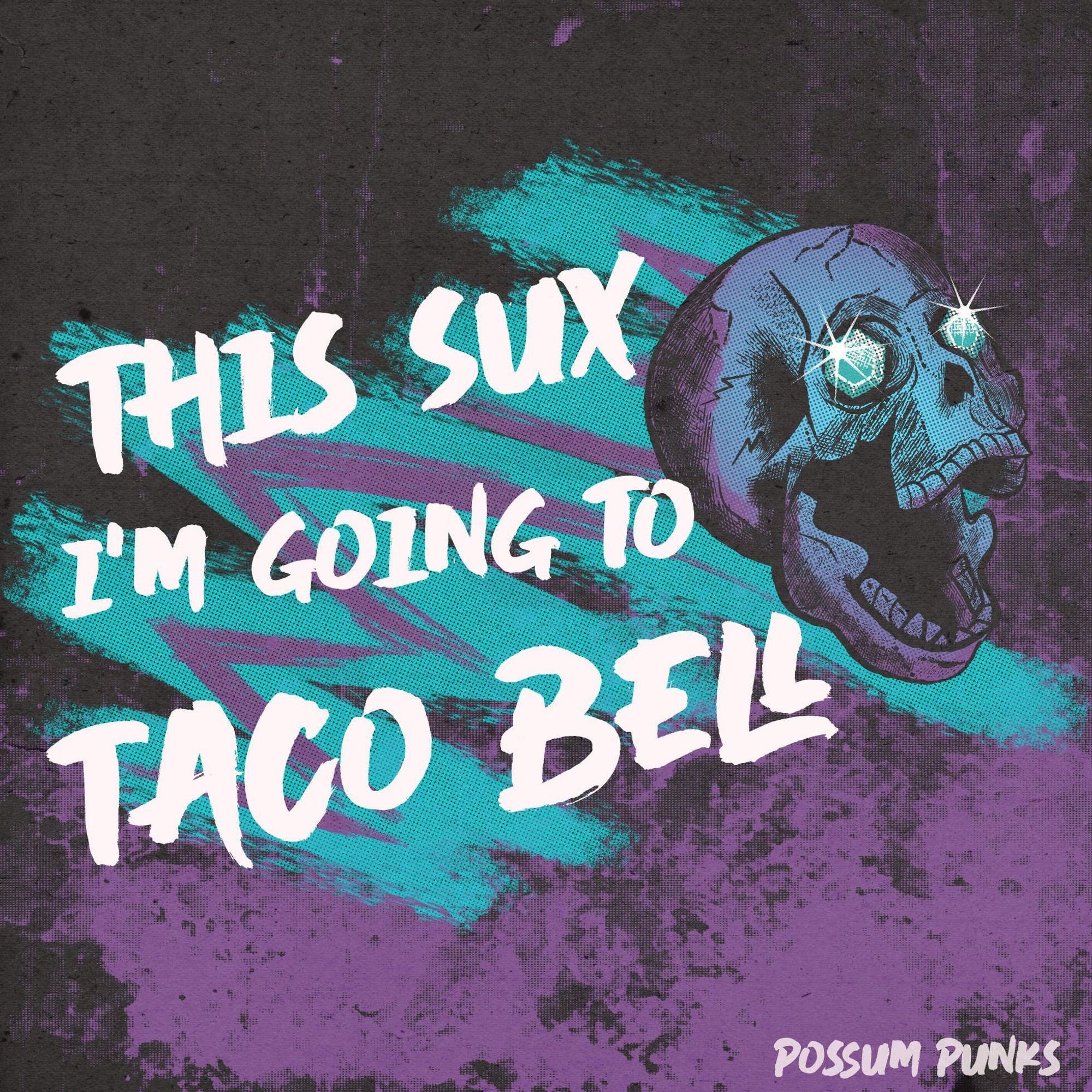 a screaming skull with gems in its eyes and a smoking trail of the 90s jazz pattern
"This Sux I'm Going to Taco Bell"