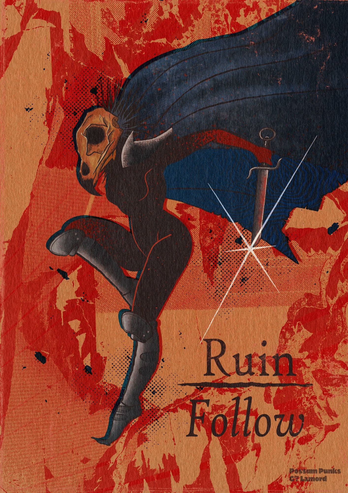 A woman in a vulture mask mid leap with her shortsword. She wears a blue cape, curved pauldrons and pointed boots. There's blood splattered on her hand. Caption: Ruin Follow