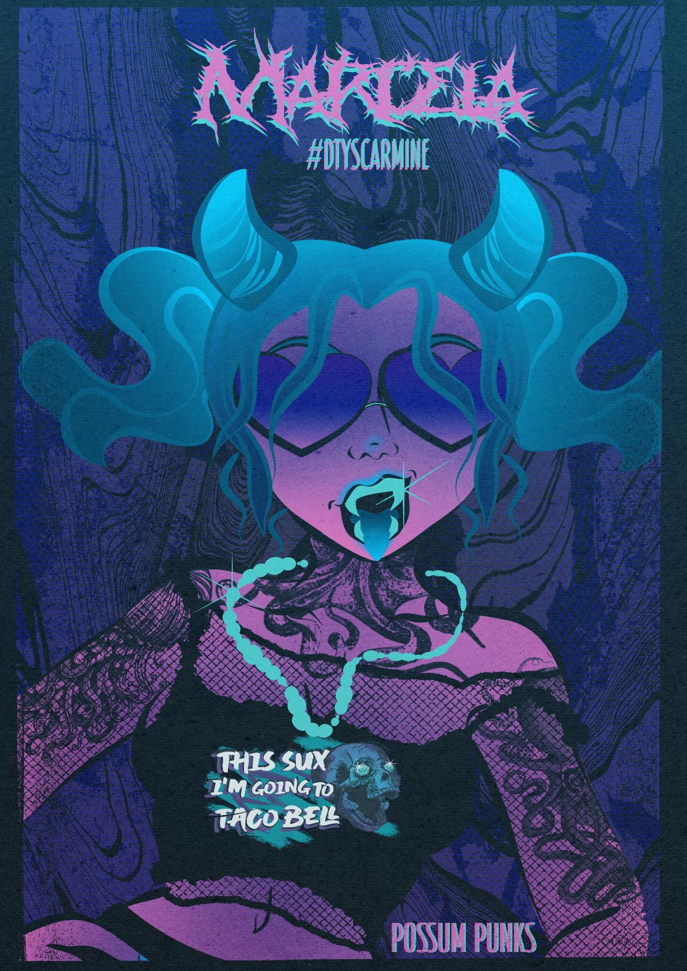 A hyperpop stylization of a woman with fangs, heartshaped and sunglasses. Her pointed tongue sticks out from between massive sparkling fangs as she smiles. She wears a shredded taco lich tank top, of a screaming skull saying 'this sux i'm going to taco bell'. Her blue hair is held up in pig tails that look like devil horns