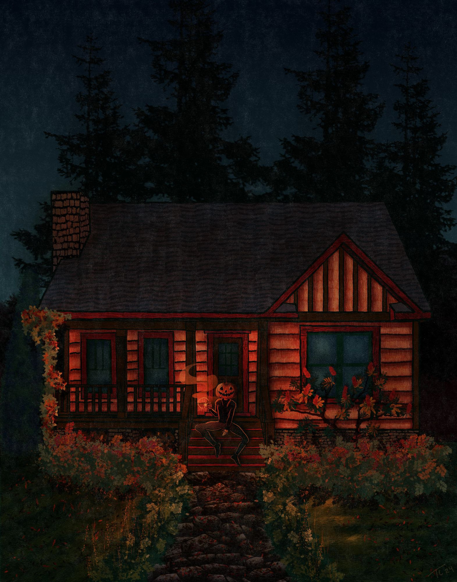 A cozy bungalow on a clear autumn night. A person with a jackolantern head sits on the porch stairs, smoking a cigarette