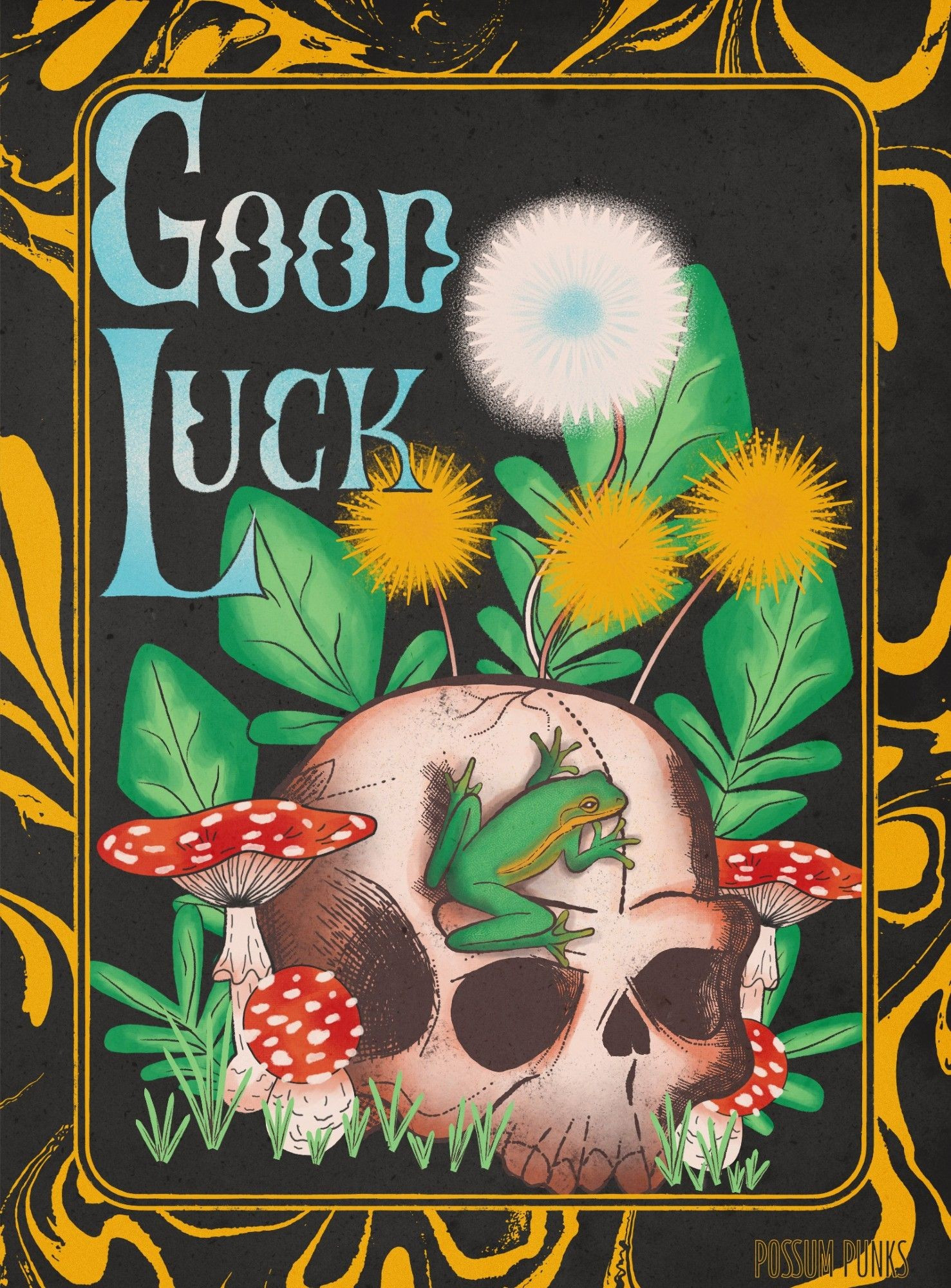 Woodcut style digital drawing of a frog perching on a skull, surrounded by dandelions and mushrooms, liquid tension background
"Good Luck"