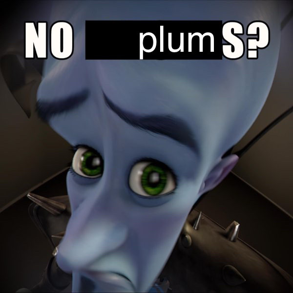 the "no bitches?" meme but instead it says "no plums" in a kind of hastily edited way. the picture is a weird high angle cgi blue guy making a frowning expression with eyebrows raised, with a distorted perspective like a wide angle camera would do